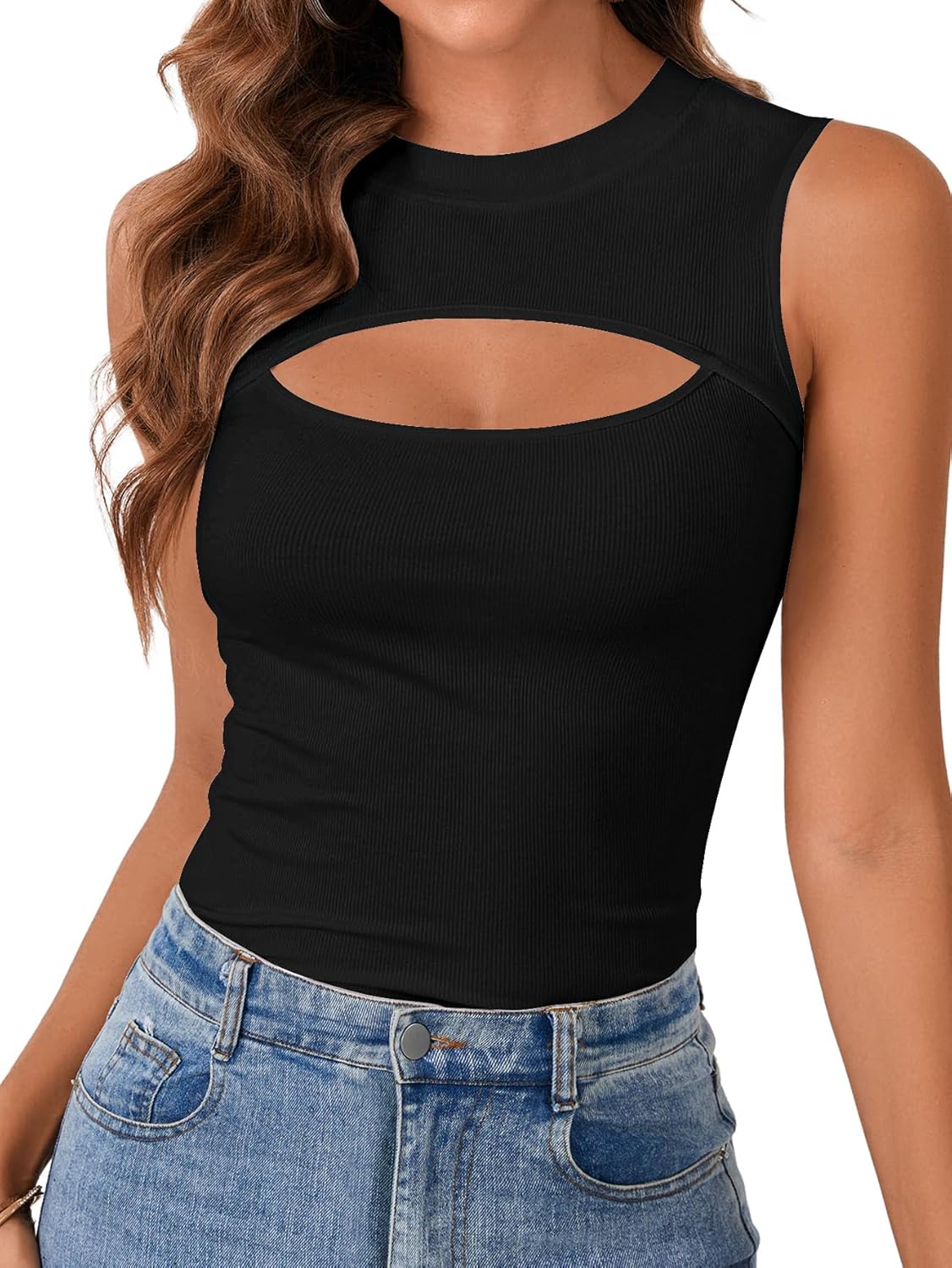 Vrtige Women's Sexy Cut Out Tank Crewneck Ribbed Knit Sleeveless Slim Fit Top Shirt