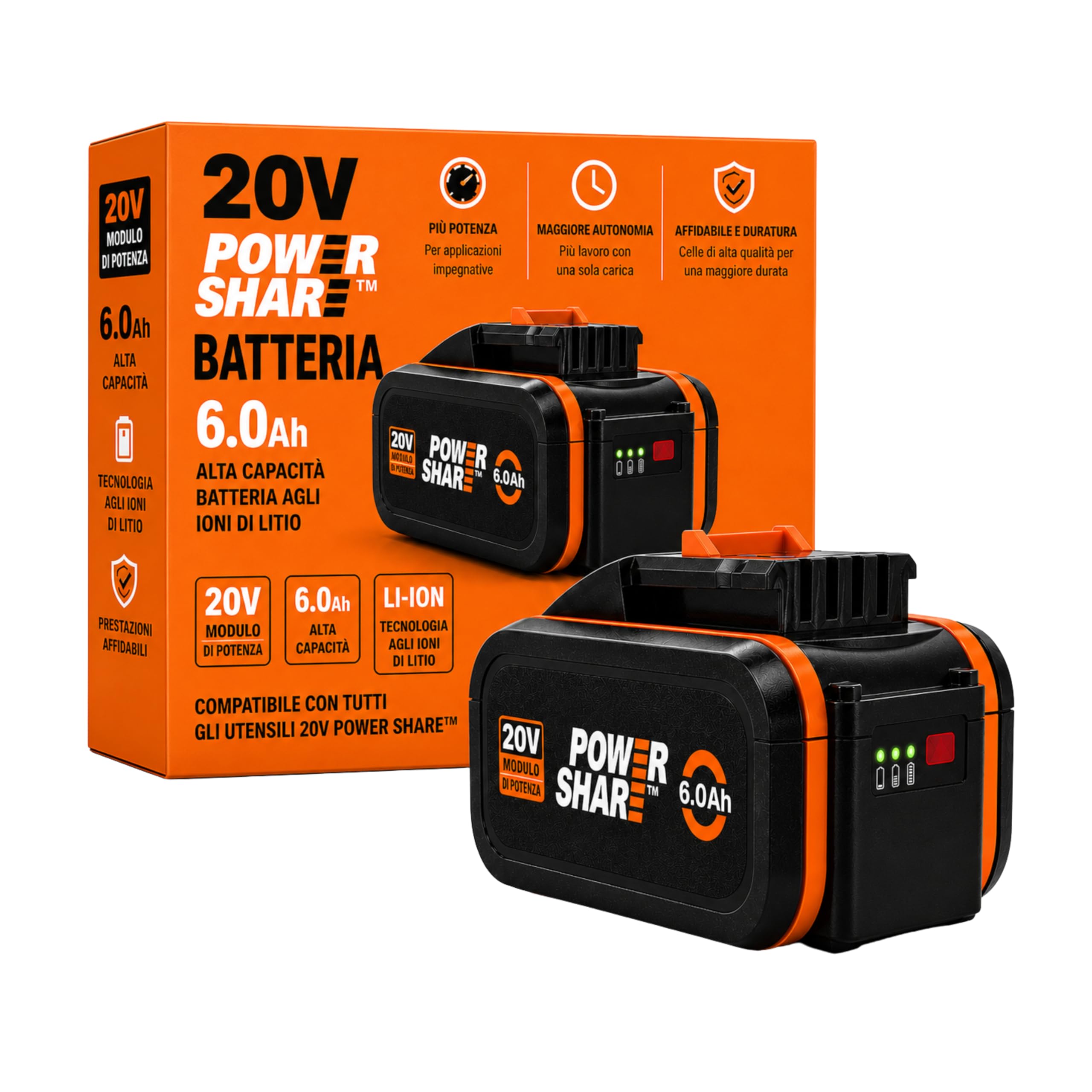 Batteria WA3645 20V 6.0Ah Compatibile con WORX PowerShare – Batteria Li-Ion di Ricambio con Indicatore LED – Alte Prestazioni e Lunga Durata