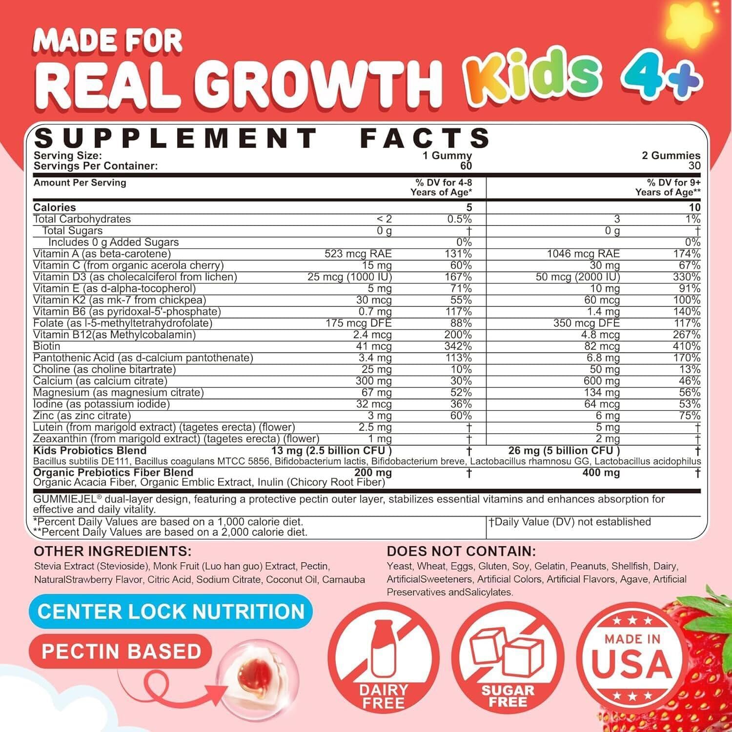 Kids Multivitamin Gummies + Calcium, Probiotics, Vitamin D3, C, Methylated B12 & Methylfolate, B6, A, K2, E, Zinc, Prebiotics for Children Ages 4+, Clean & Sugar Free, for Nutritional Support, 60 Cts