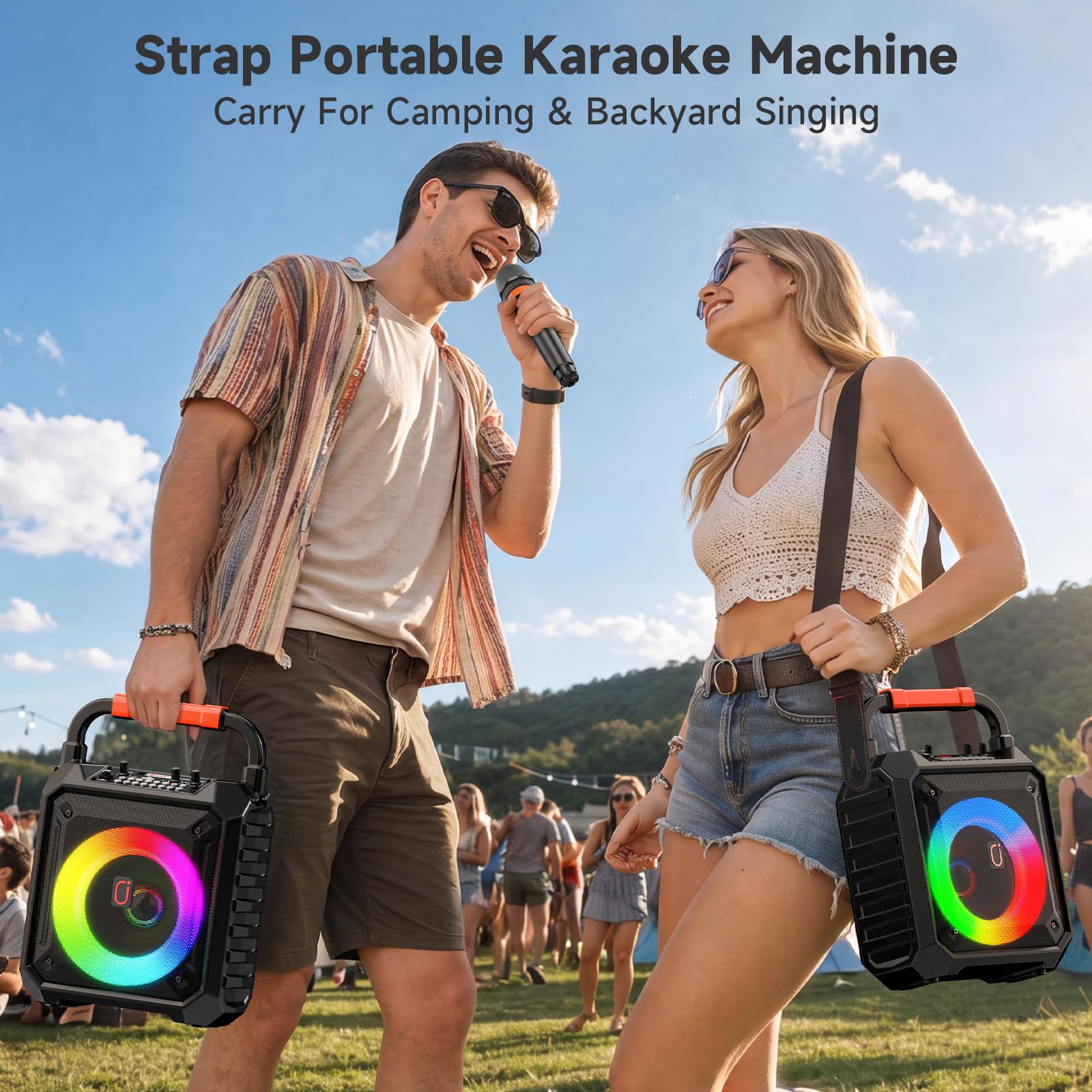 HWWR Macchina per karaoke, 2 microfoni, altoparlante portatile Bluetooth per karaoke con luci DJ, per feste e all'aperto, microfono wireless per karaoke per adulti e bambini, sistema PA karaoke