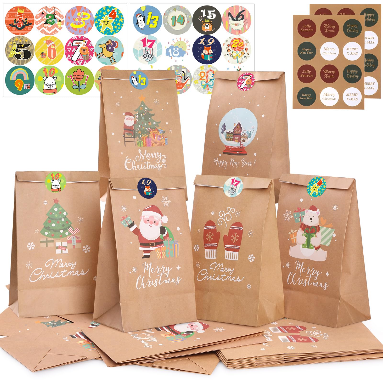 Christmas Paper Bags for Gifts Advent Calendar 24 Pack Kraft Christmas Bags with 24 Stickers