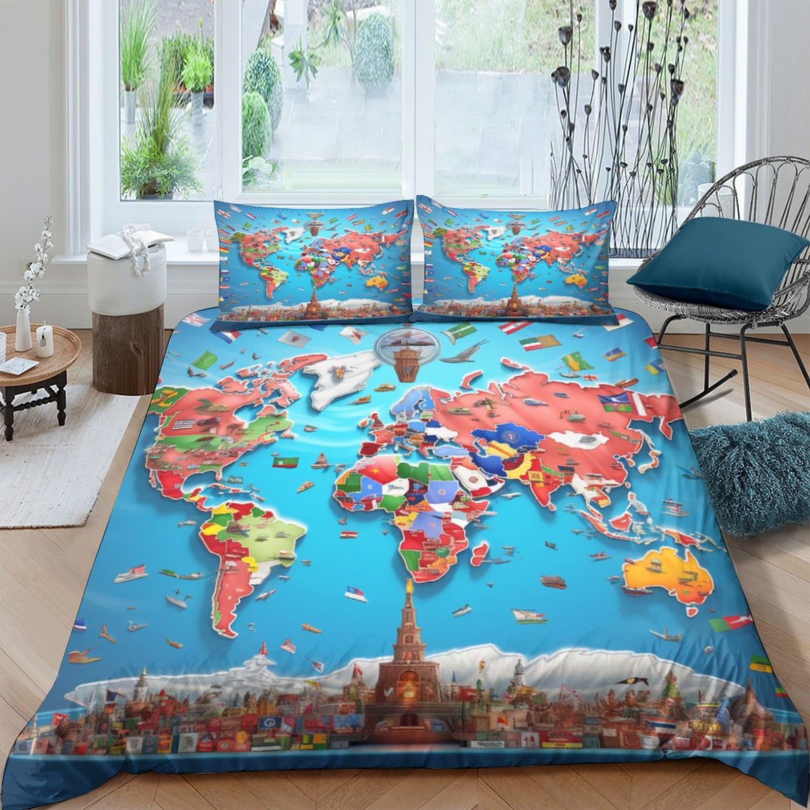 AAHARYA World Map Duvet Cover Sets, 3D National Flags Bedding Set, Soft & Cosy Breathable Comforter Covers Double（200x200cm）