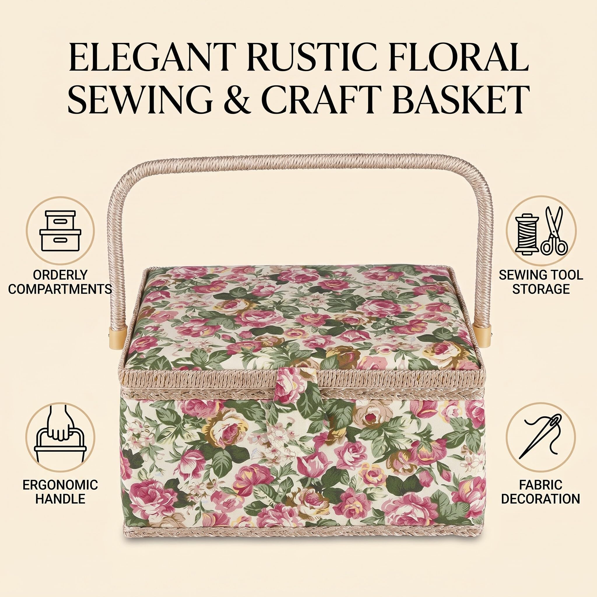 Estink Boîte à Couture Florale, Boîte de Rangement pour Accessoires de Couture avec Poignée, Organisateur de Travaux Manuels, 30,5 x 23 x 15,5 cm