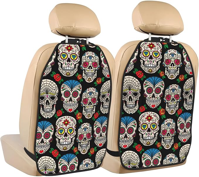 Sugar Skulls and Roses 2 Pack Car Seat Organizer Kick Mats Car Back Seat Protectorcar for Car, SUV, Minivan, Truck Organization Accessories Automotive Interior Protectors