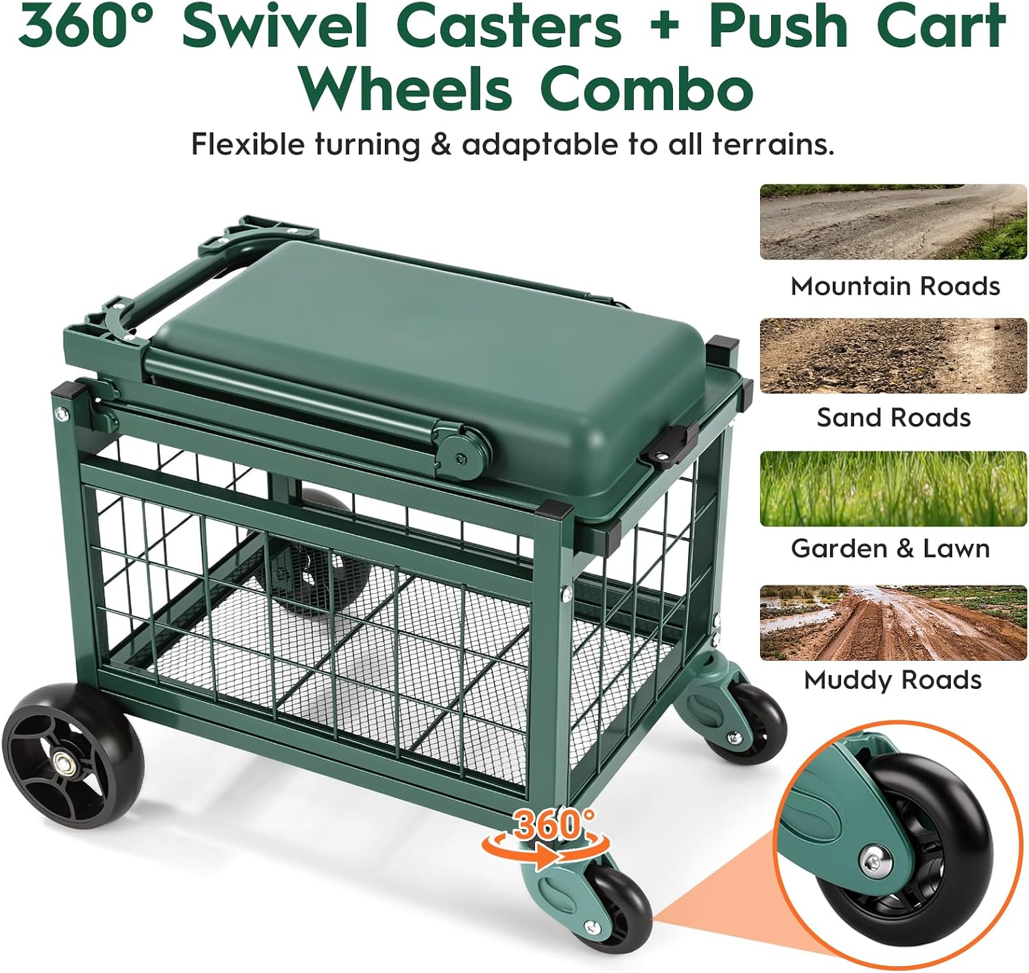 Rolling Garden Cart with Seat and Storage, Metal Garden Work Seat with Wheels, Upgraded Heavy Duty Gardening Wagon for Lawn, Patio, Backyard