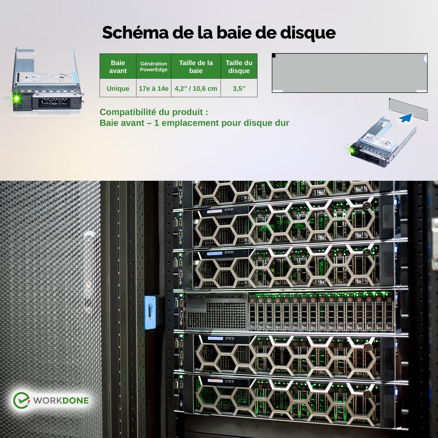 WORKDONE Pack de 6 - Caddy Disque Dur 3,5’’ avec Adaptateur HDD 2,5’’ - Compatible avec Les Dell PowerEdge serveurs 14-15e gén. - Mode d’Emploi - Étiquettes frontales - Tournevis - Vis Robustes