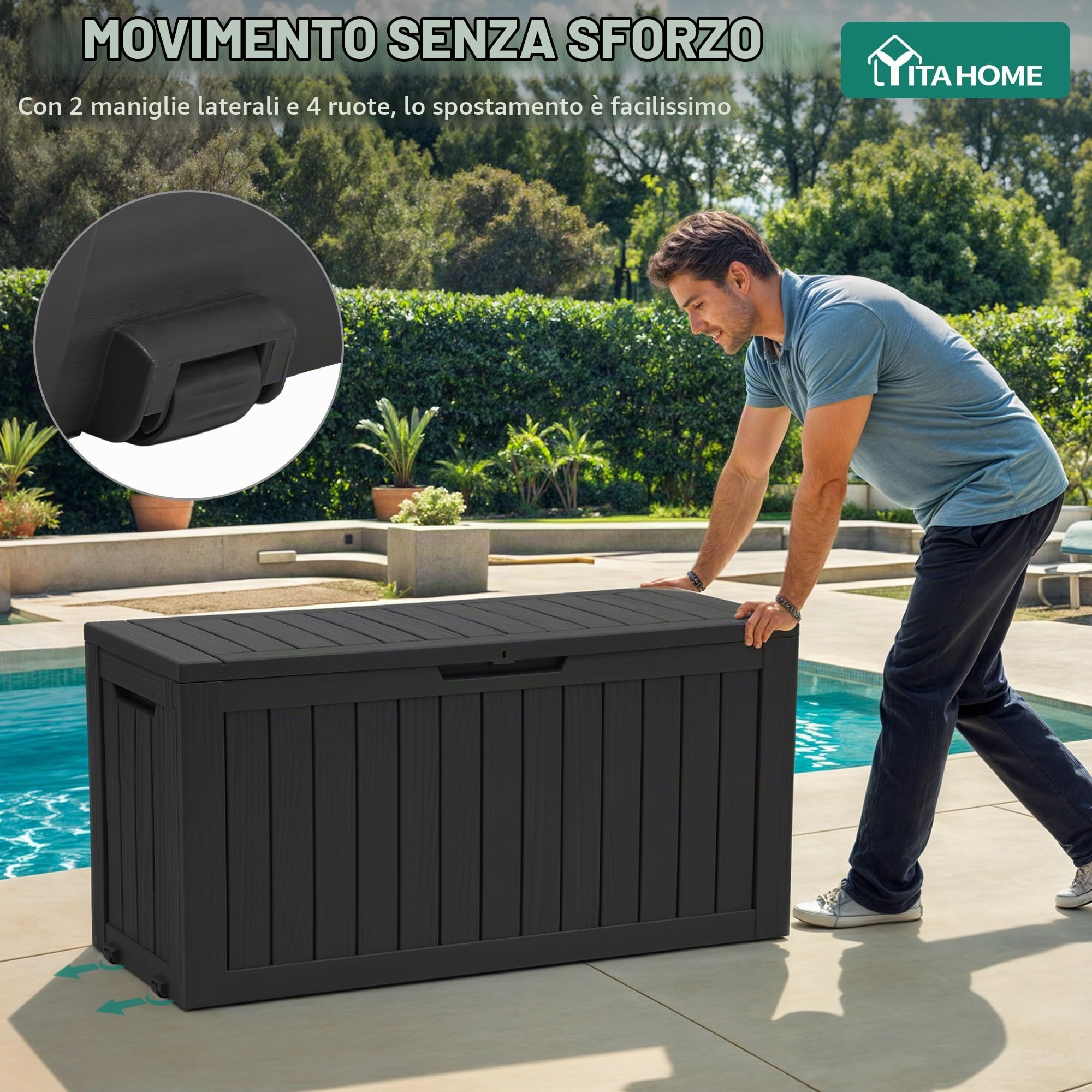 YITAHOME Scatola portaoggetti da esterno con ruote, scatola in plastica da 270 l, baule da giardino impermeabile per cuscini, strumenti e forniture per piscina, chiudibile, effetto legno sintetico