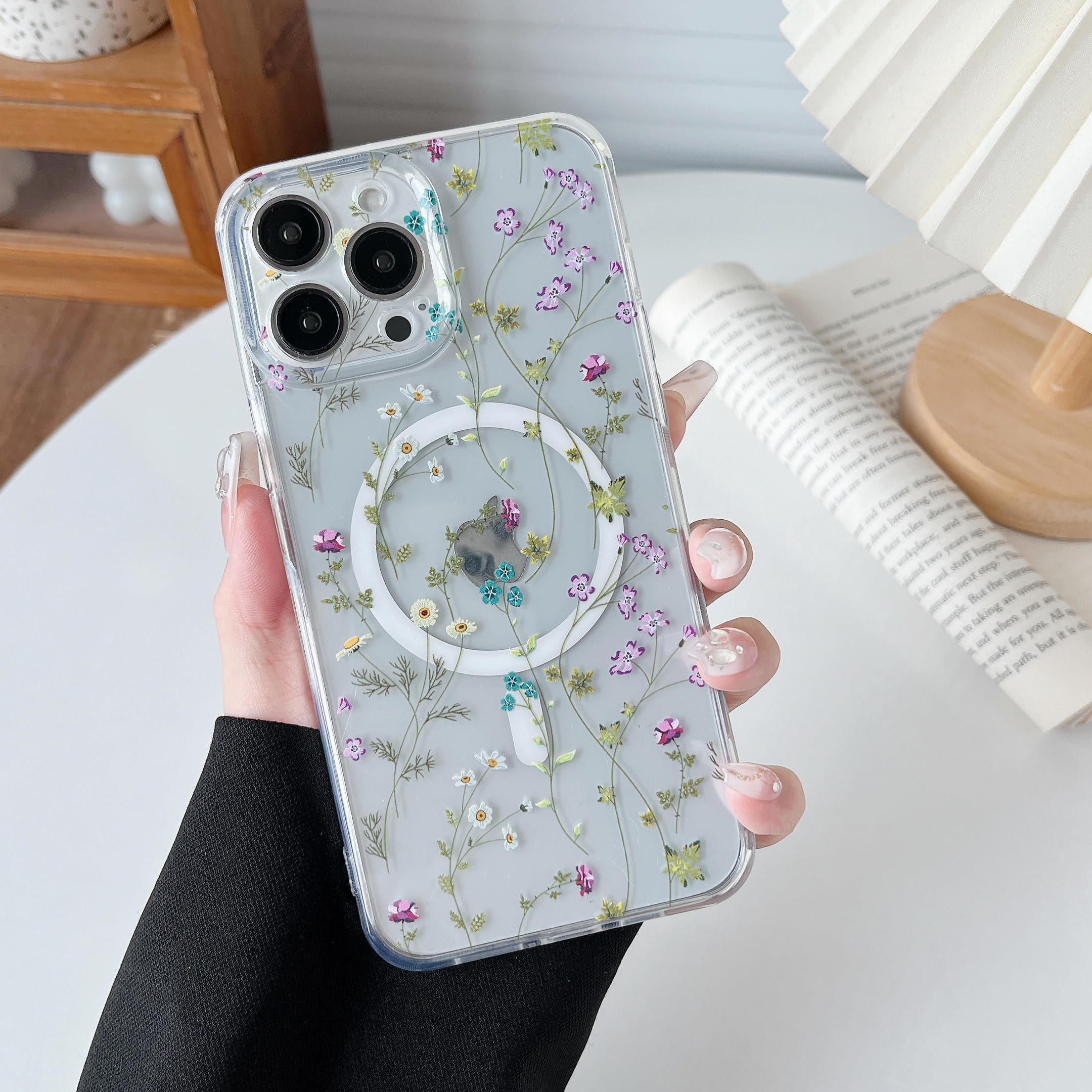 RALEAVO Magnetic Case for iPhone 13 Pro, Compatible with Magsafe Cute Flower Girls & Women Clear Case Silicone Shockproof Protective Cover with Floral Pattern Case for iPhone 13 Pro-Branches