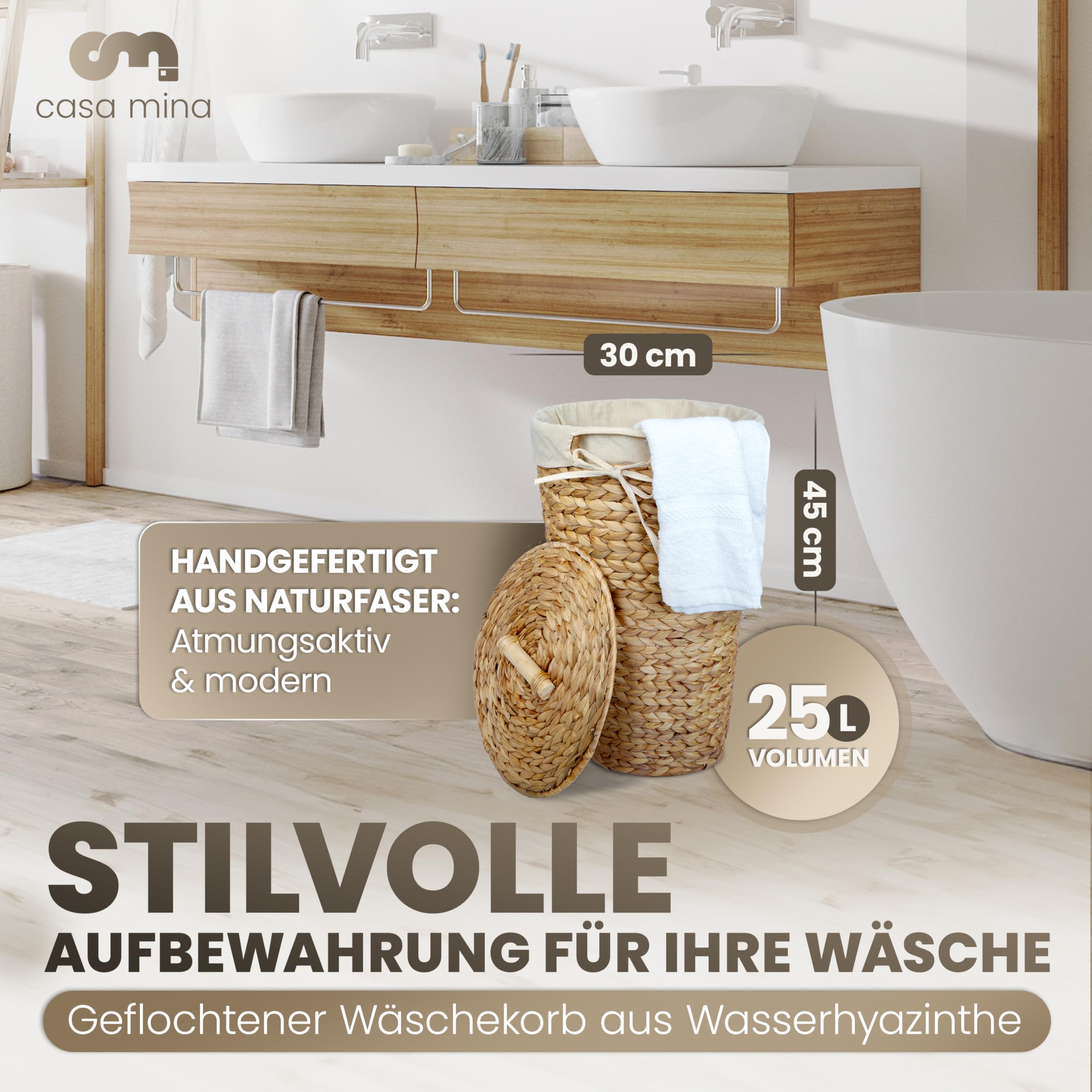 Casa Mina® Wäschekorb mit Deckel | Atmungsaktiver Wäschekorb geflochten aus 100% Naturfaser I Robuster Wäschesammler mit Griffen & waschbarem Innensack I Wäschekörbe (Natur, 30 x 44cm)