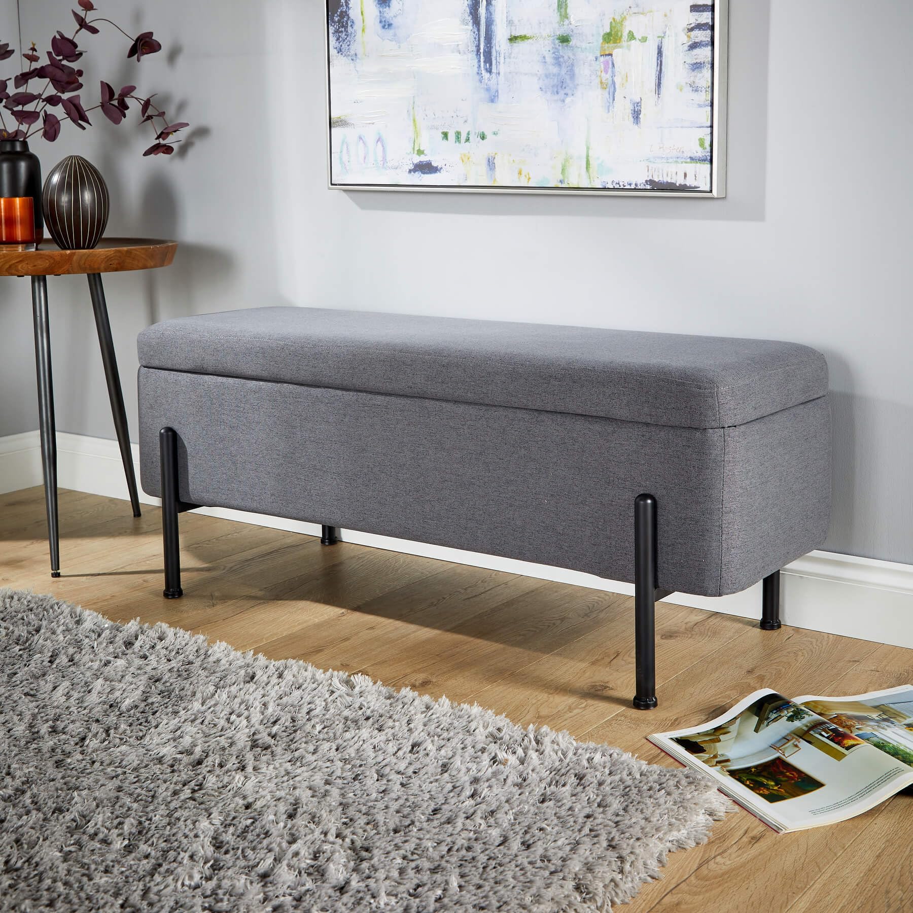 Home Source Linen Fabric Storage Ottoman Blanket Box, Black Metal Legs, Grey