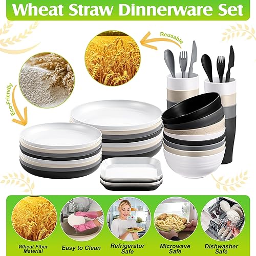 Miniatura 4 de Ziliny Juego de vajilla de paja de trigo, 64 piezas, platos de plástico irrompibles, cuencos ligeros, tazas, cuchillos, tenedores, cucharas,