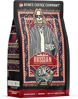 Bones Coffee Company White Russian, Cream and Cocktail Flavored Coffee, Medium Roast Low Acid Arabica Beans Compatible with Auto drip and French Press Coffee Maker, 12 Oz Ground