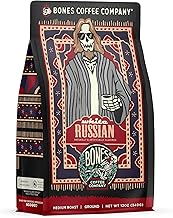 Bones Coffee Company White Russian, Cream and Cocktail Flavored Coffee, Medium Roast Low Acid Arabica Beans Compatible with Auto drip and French Press Coffee Maker, 12 Oz Ground