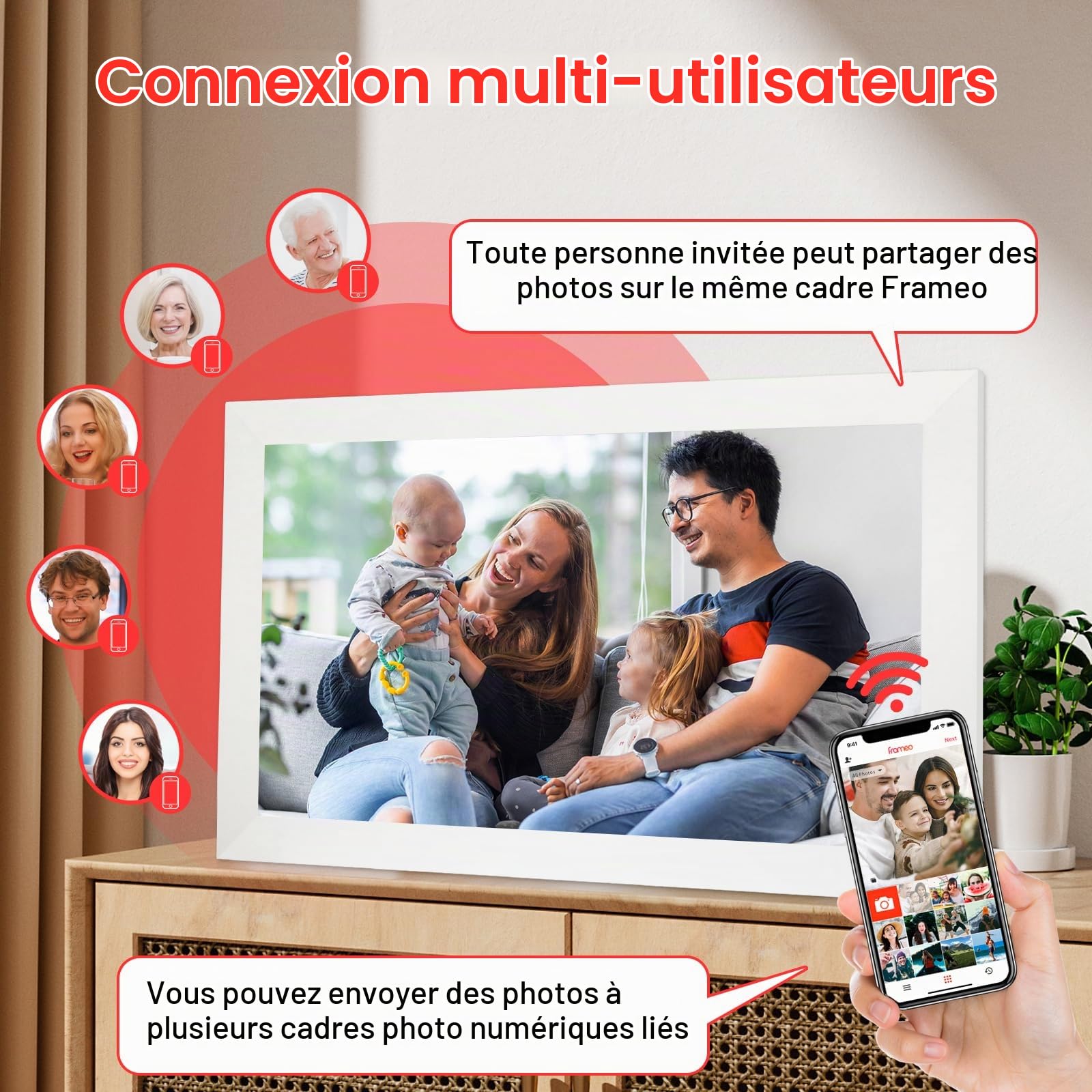 Frameo Cadre photo numérique Wi-Fi 15,6" Grand cadre photo numérique 1920 x 1080 IPS HD Écran tactile 32 Go de stockage Partager des photos/vidéos, sur table et mural, mariage, anniversaire, cadeaux