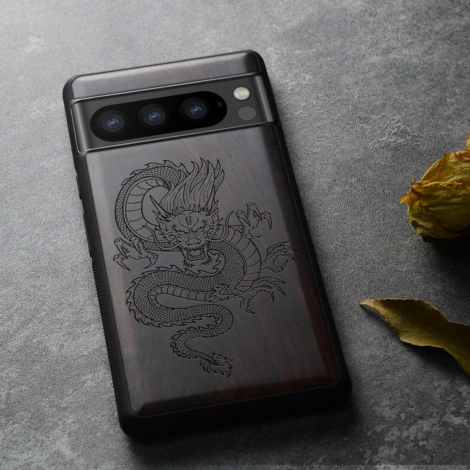 Carveit Wood Case for Pixel 8 Pro Case [Natural Wood & Black Soft TPU] Shockproof Protective Unique Wooden Cover Compatible with Google Pixel 8 Pro (Oriental Dragon-Blackwood)