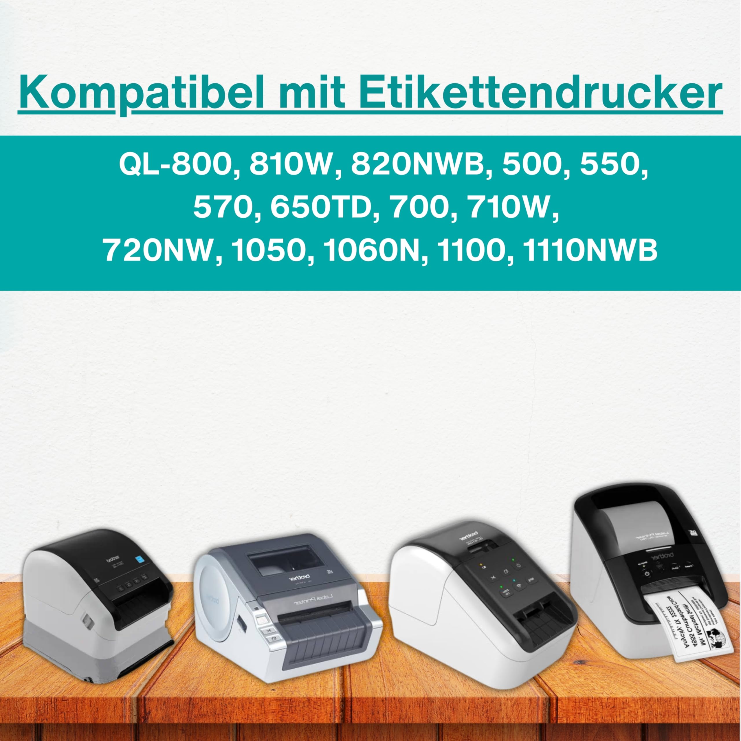 Double Dragon 10 Rollen DK-22205 Endlospapier Etiketten, 62mm x 30,48m, für Brother QL Drucker (QL-800/810W/820NWB/500/550/570/650TD/700/710W/720NW/1050/1060N), inkl. 10 Halterungen