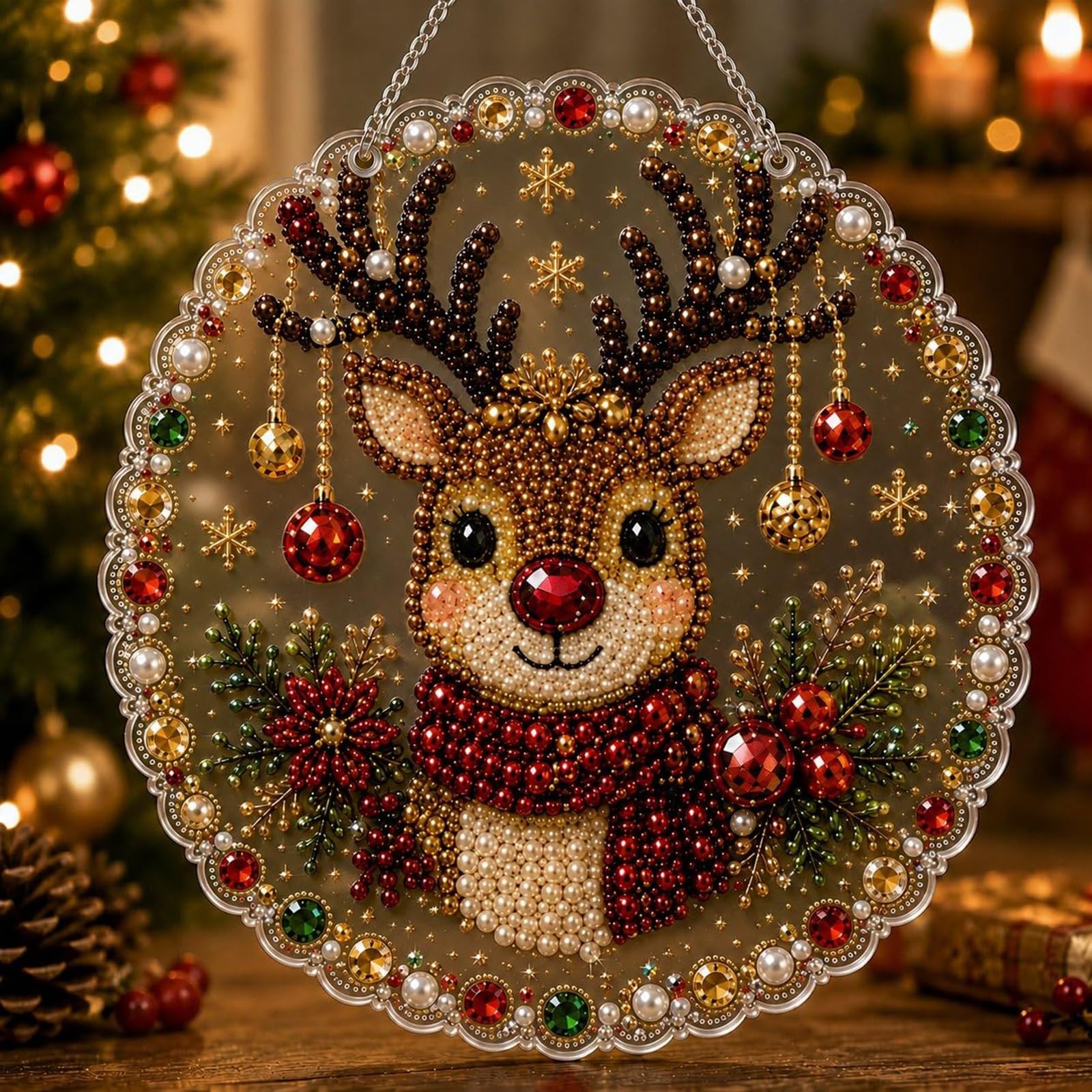 Christmas Pearl Diamond Art Hanging Ornament Kit,Diamond Arts Window Suncatchers, DIY ChristmasSanta Pearls Bead Painting Kit for Home Wall Decor (#J)