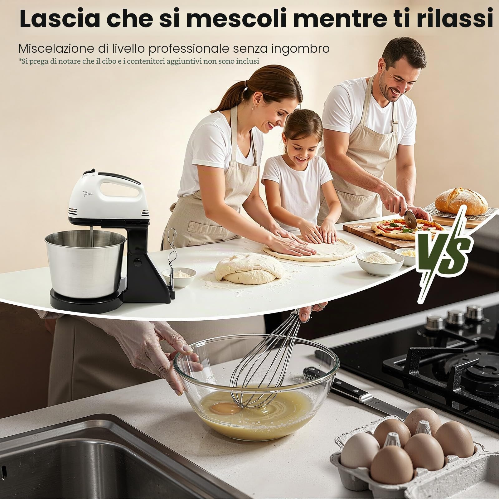 Macchina da cucina da 100 W, impastatrice con ciotola in acciaio inox da 1,7 l, 7 velocità, con 2 frullatori, robot da cucina per impasto del pane