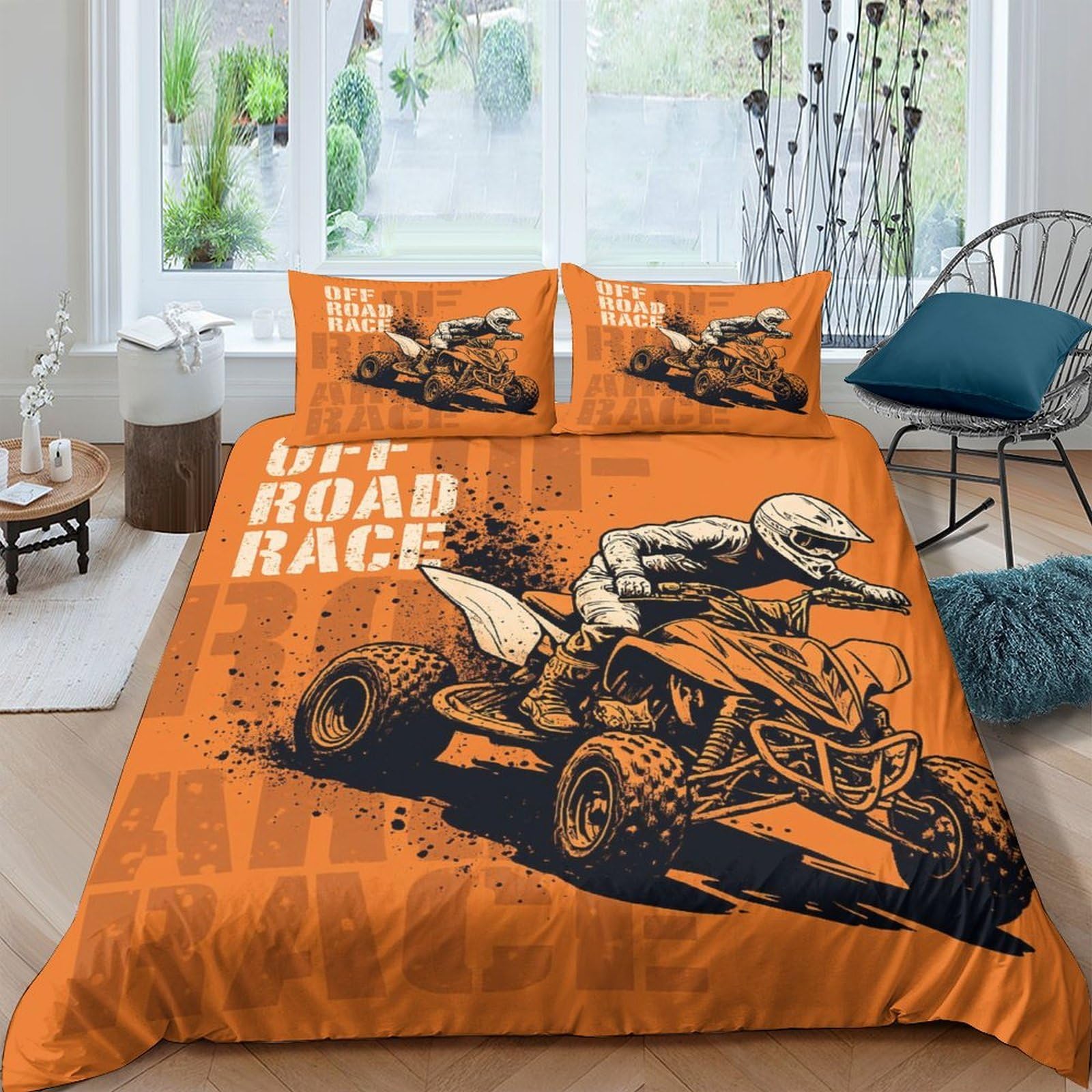 Ctjqhvkz Style-9 3D Printed Atv Quad Bike Fitted Sheet Microfiber Orange Off Road Race Bed Cover For Bedroom Dorm Decor Single（135X200cm）