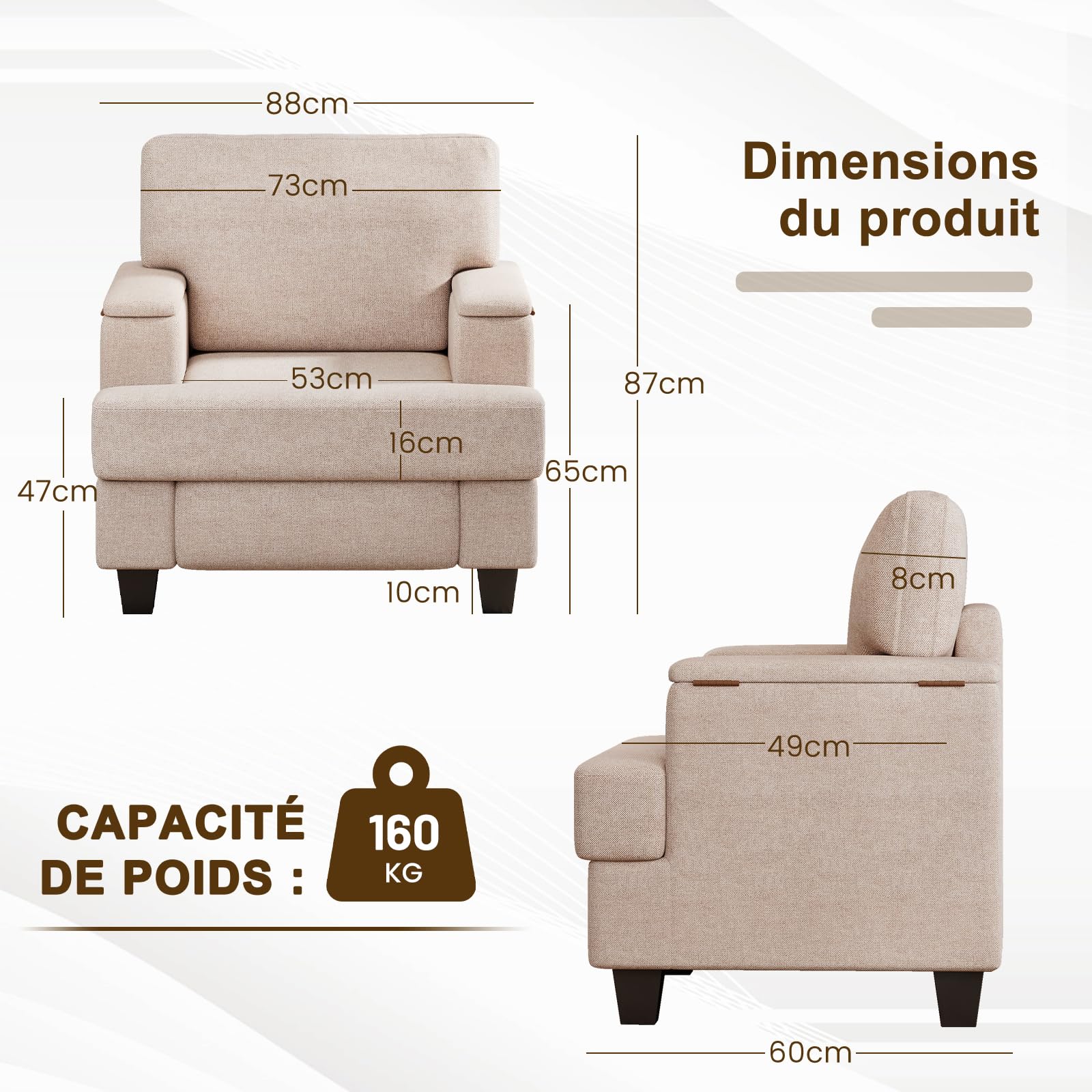 Extra-Larges Fauteuil Salon Rangement, Fauteuil Relax Rembourré avec Accoudoirs avec Rangement & Dossier Amovible, Fauteuil Relaxation avec Cadre en Bois pour Salon, Chambre à Coucher, Beige