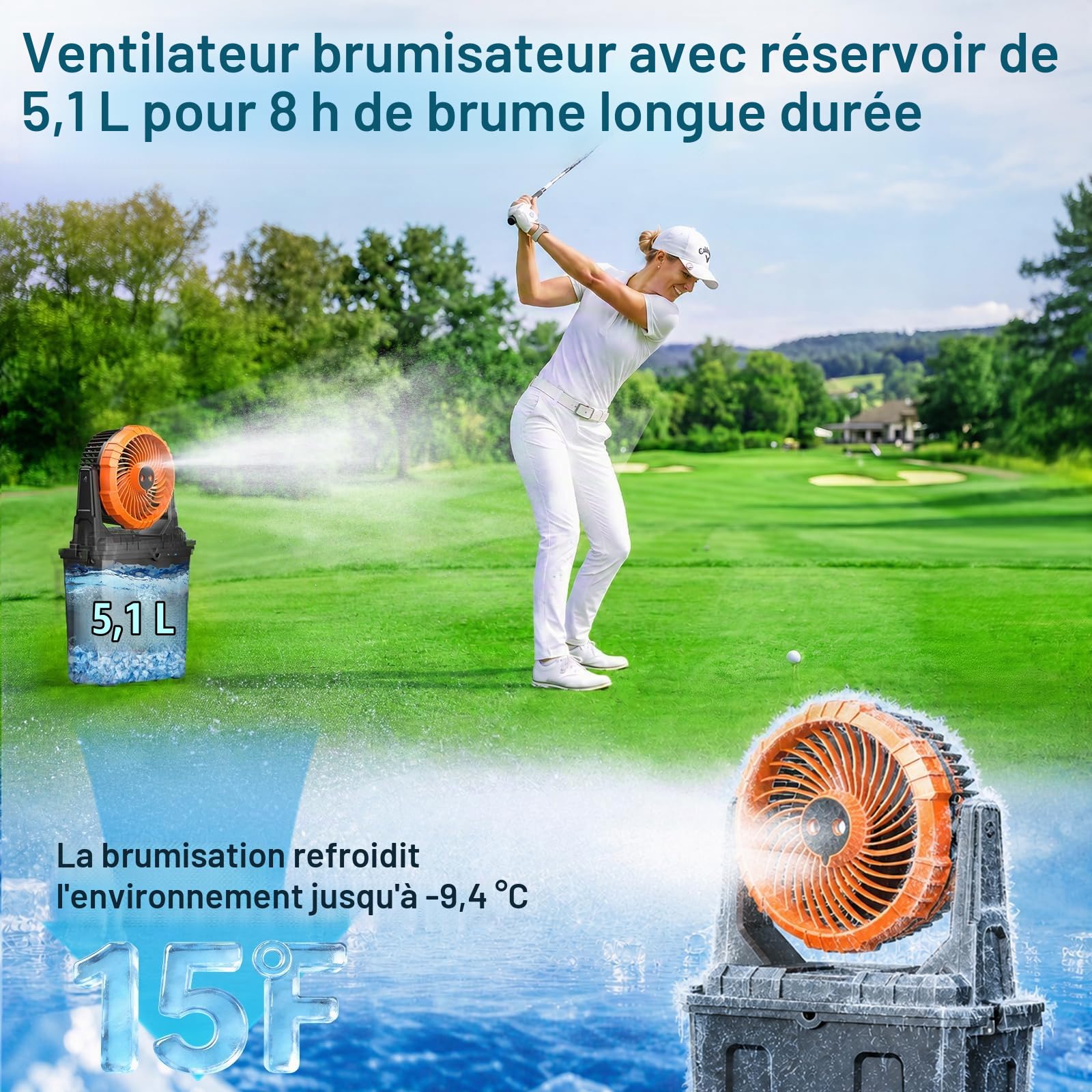 Ausic Ventilateur brumisateur portable de 9 L, 25,4 cm 20 000 mAh pour terrasse, ventilateur à piles rechargeables, ventilateur de refroidissement à eau pour camping/voyage/plage, 3 grandes prises de