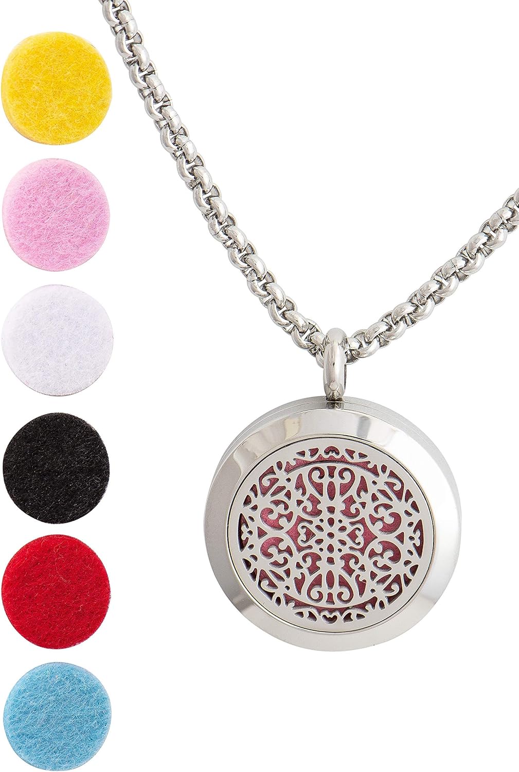 Wild Essentials 3 Necklace Set, Tree of Life, Flower of Life, Wrought Iron Essential Oil Diffuser Necklace Stainless Steel Locket Pendants with 24 inch Chains, 36 Refill Pads, Color Changing Jewelry
