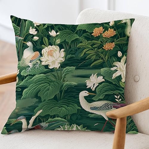 Miniatura 3 de ArogGeld Funda de cojín de jardín de pájaros de loto verde, chinoiserie, lirio de agua, ninfaea, floral, cuadradas, chinoiserie, almohada asiática