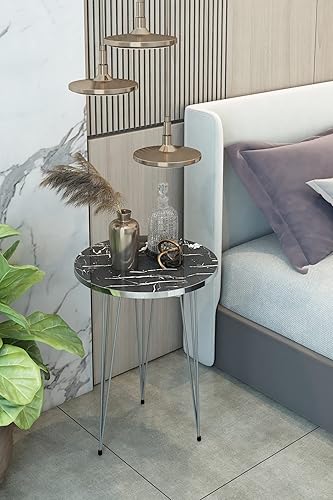 Miniatura 56 de PAK HOME - Juego de 2 mesas auxiliares - Mesas auxiliares redondas de madera con aspecto de mármol blanco para espacios pequeños, mesita de noche