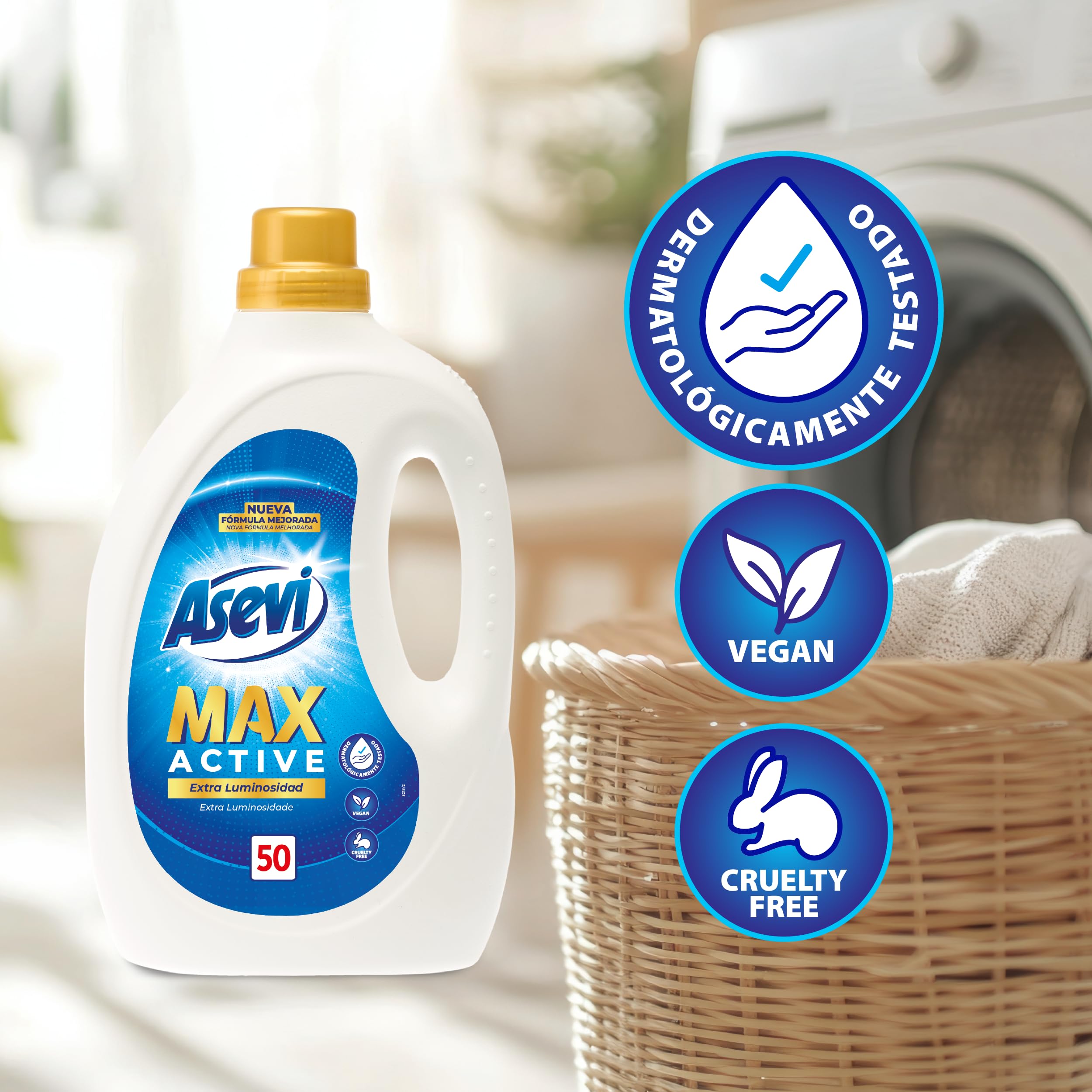 Asevi Detergente Líquido para Lavadora Max Active - Detergente Hipoalergénico Concentrado Ropa Blanca y de Color - Poder Quitamanchas y Extra Luminosidad para una Ropa Limpia y Cuidada - 5x50 Lavados