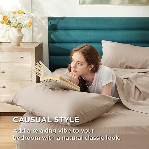 Miniatura 4 de Bedsure Sábanas 100% algodón tamaño matrimonial, sábanas de percal suave, 4 piezas para niños, sábanas refrescantes transpirables de algodón con