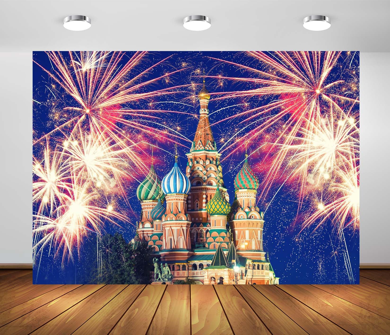 4.5x2.5m Basilius-Kathedrale, Feuerwerk, Landschaftskulisse, Russland, Hintergrund für Party-Dekoration, Neujahrsfeier, Eventfotografie, Kulisse, Fotoautomaten-Requisite