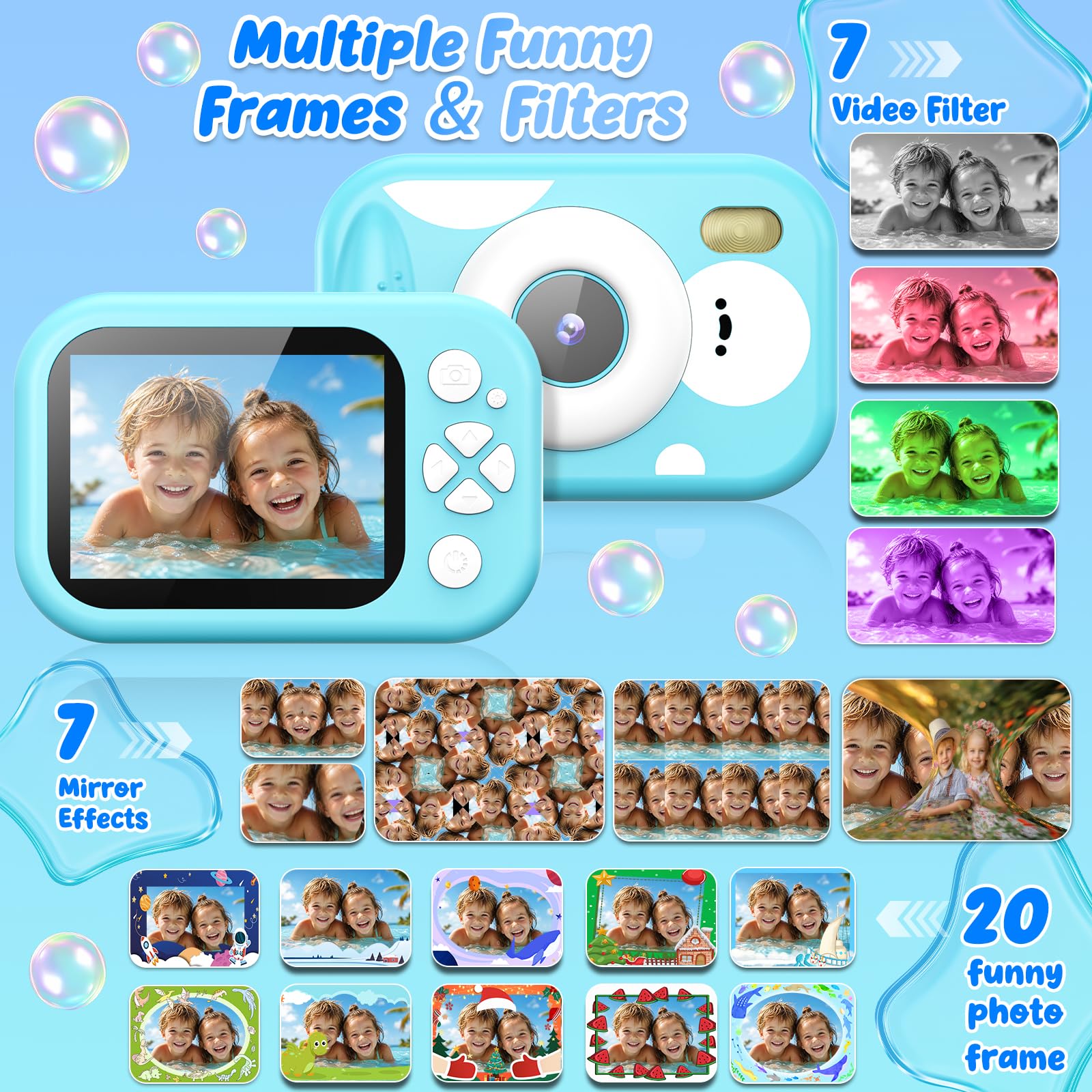 Unterwasser Kinderkamera, 48MP 1080P IP68 wasserdichte Digitalkamera Kamera Kinder mit 2,4 Zoll Bildschirm Notfall-LED-Blitz Reisen Strand Pool Spielzeug Geschenk für 3-12 Jahre Mädchen Jungen, Blau