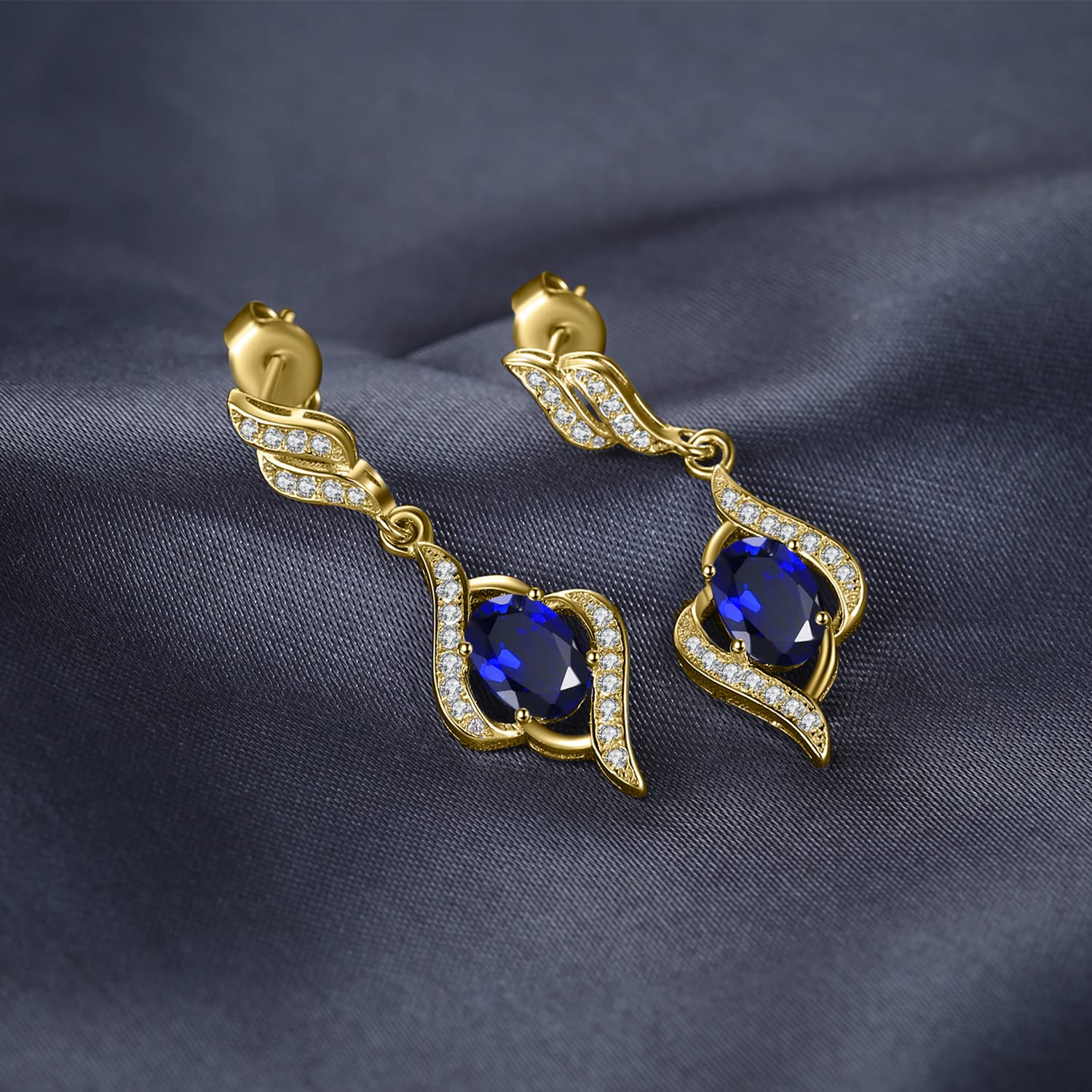 JewelryPalace Pendientes Colgantes Mujer Plata Oro 14k Oro Rosa, Ola Pendientes de Gota 2.2ct Zafiro Azul Creado Corte Ovalado, Elegantes Pendientes Niña Piedra Preciosa, Joyas Mujer