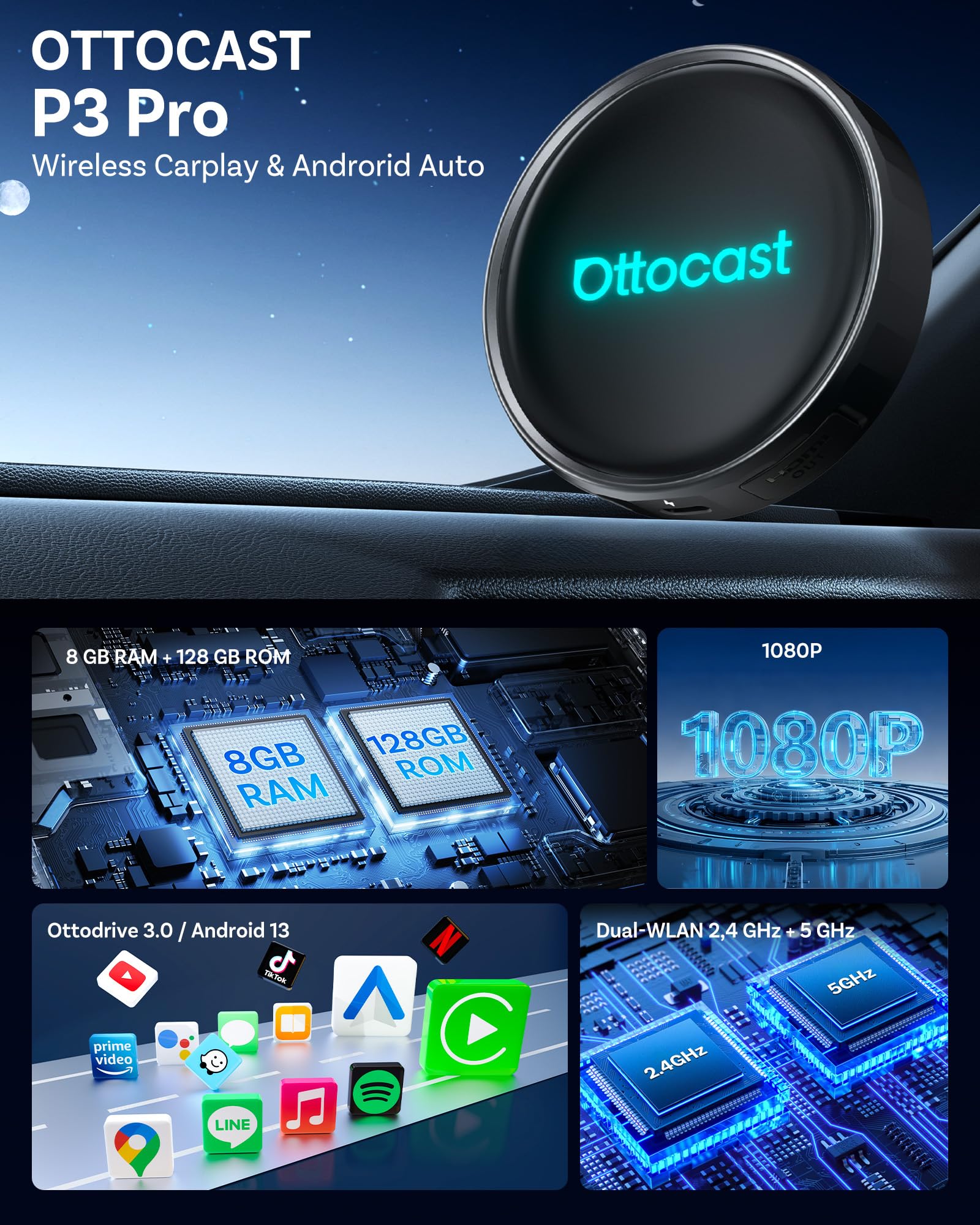 ottocast P3 8GB＋128GB HDMI出力 リモコン MINI HDMIケーブルセット 