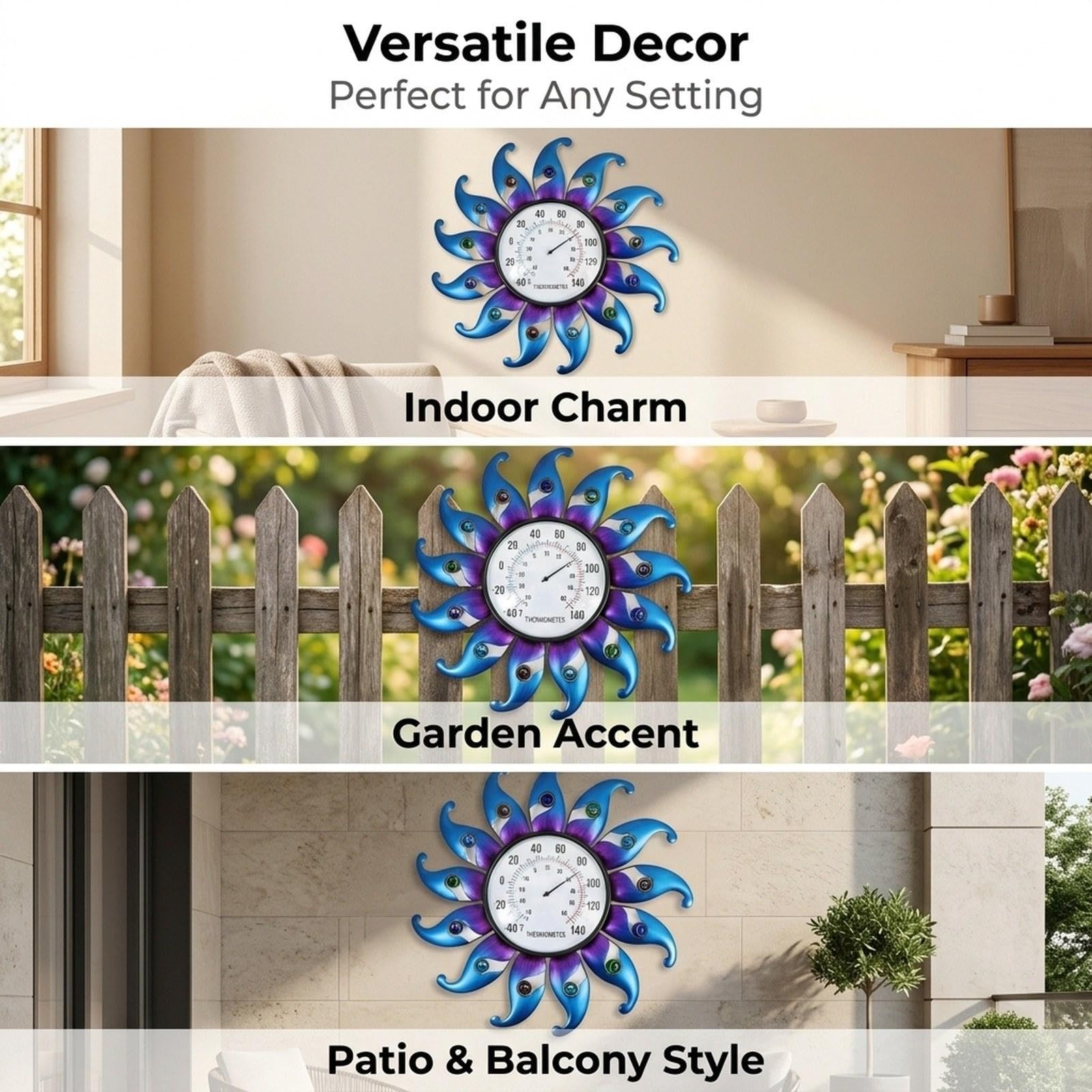 Termometro da Esterno con Supporto in Metallo per Giardino, Resistente alle Intemperie, con Display Trasparente, Ideale per Interni, Patio E Balcone, Blu