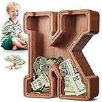 Summidate Large Wooden Piggy Bank for Kids Adults, Letter K Money Bank for Boys Girls, Personalized Initial Alphabet Bank for Coins Bills Change, Birthday and Decor