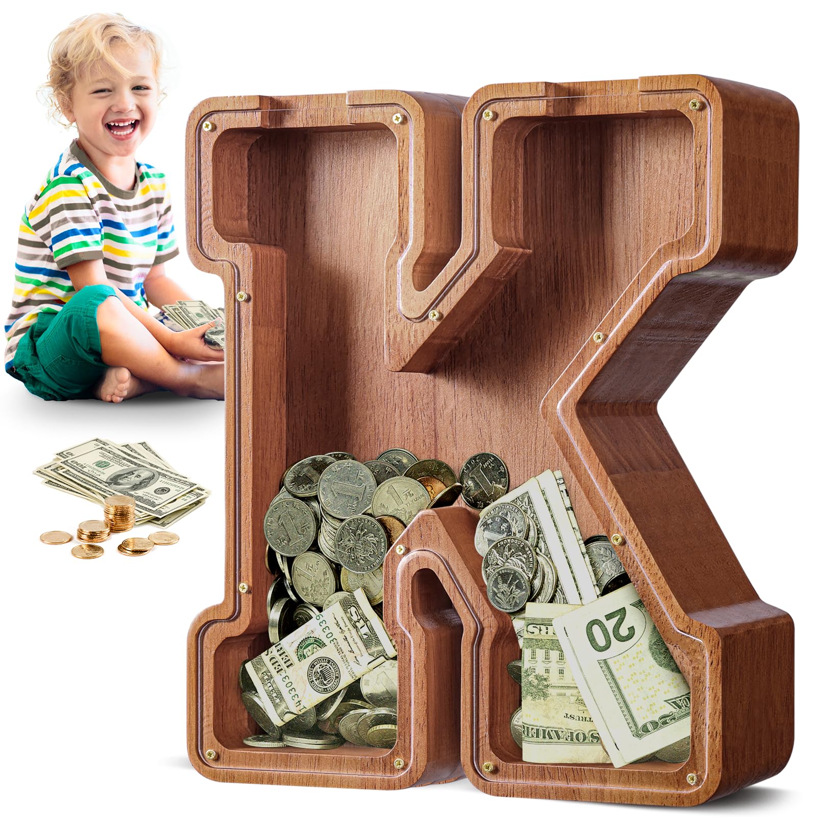 Summidate Large Wooden Piggy Bank for Kids Adults, Letter K Money Bank for Boys Girls, Personalized Initial Alphabet Bank for Coins Bills Change,