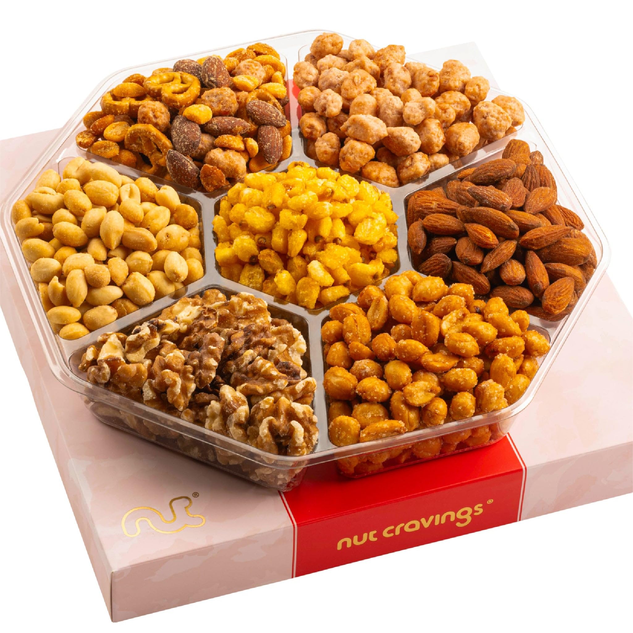 NUT CRAVINGS - Diwali Sweets Hamper Mid-Autumn Festival Mixed Nuts Gift Basket in Red Gold Classic Box (7 Assortments, 1 LB) Food Arrangement, Healthy Snack Care Package, Food Assortments
