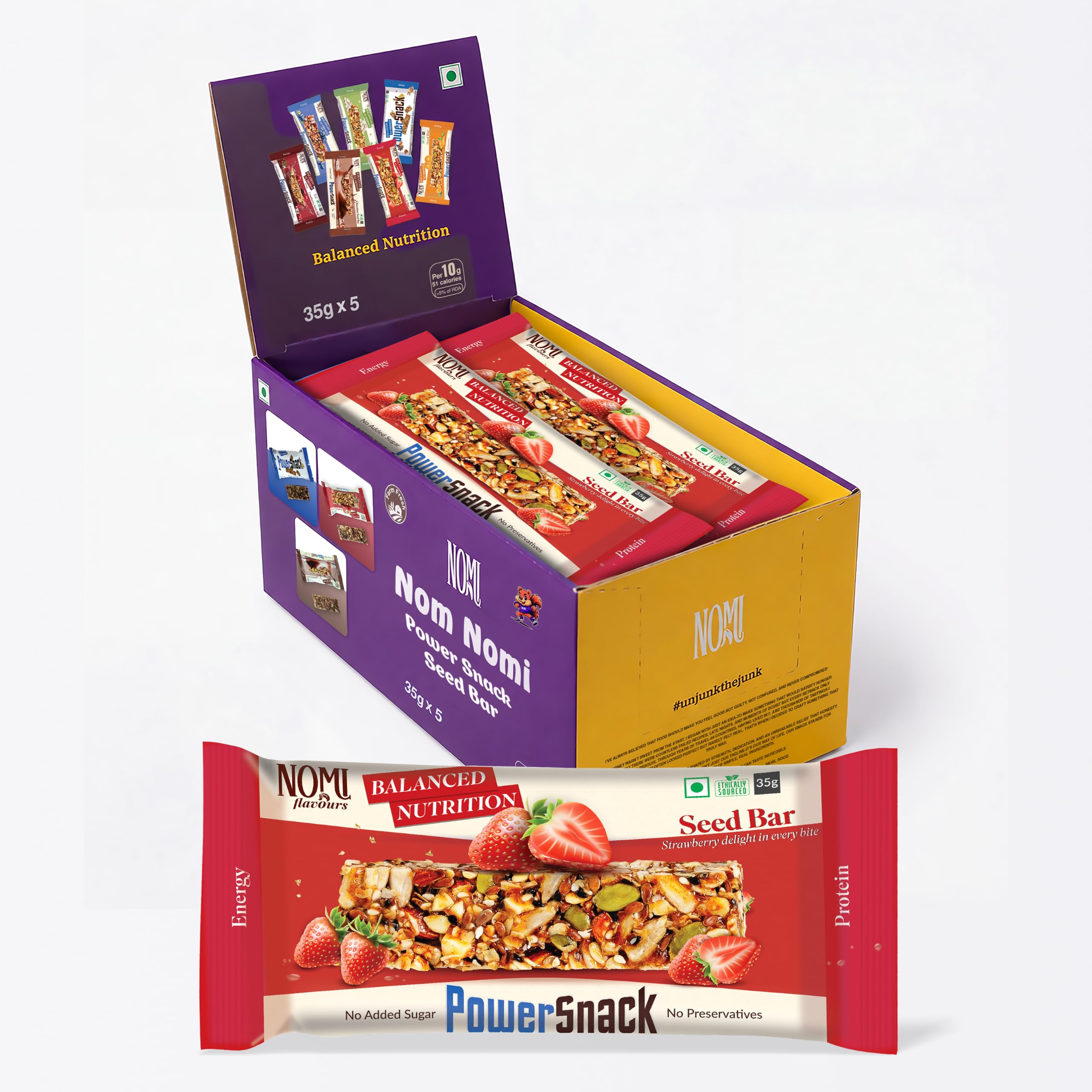 NOMI Strawberry Multi-Seed Energy Bar - Pack of 5 x 35g | Real Dried Strawberry Flavour | High fibre | Trans Fat-Free & No Preservatives | Nutritious Daily Healthy Snacks| Made with Nuts & Seeds | Zero Added Sugar-image-24