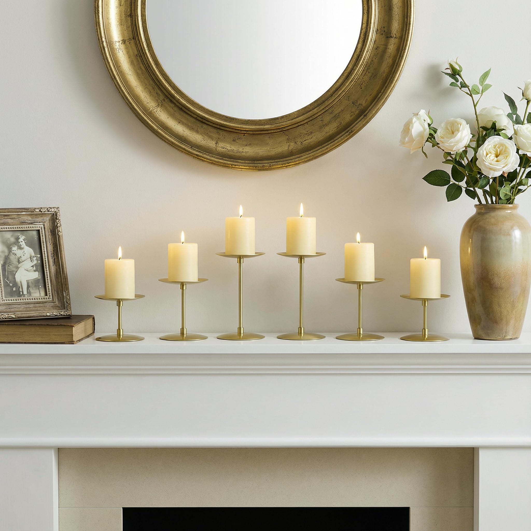 Elsjoy Satz von 6 Stumpenkerzenhalter, Metall Stumpenkerze Stand Modern Candle Holders, Kamin Kandelaber Set für Home Decor, Tisch Centerpiece, Hochzeit, 3 Größen (Gold)