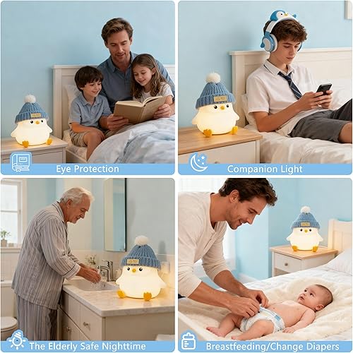 Miniatura 5 de Lámpara de pingüino con sombrero de punto, adorable luz nocturna de pingüino, silicona suave y segura, luz nocturna regulable, lámpara LED de