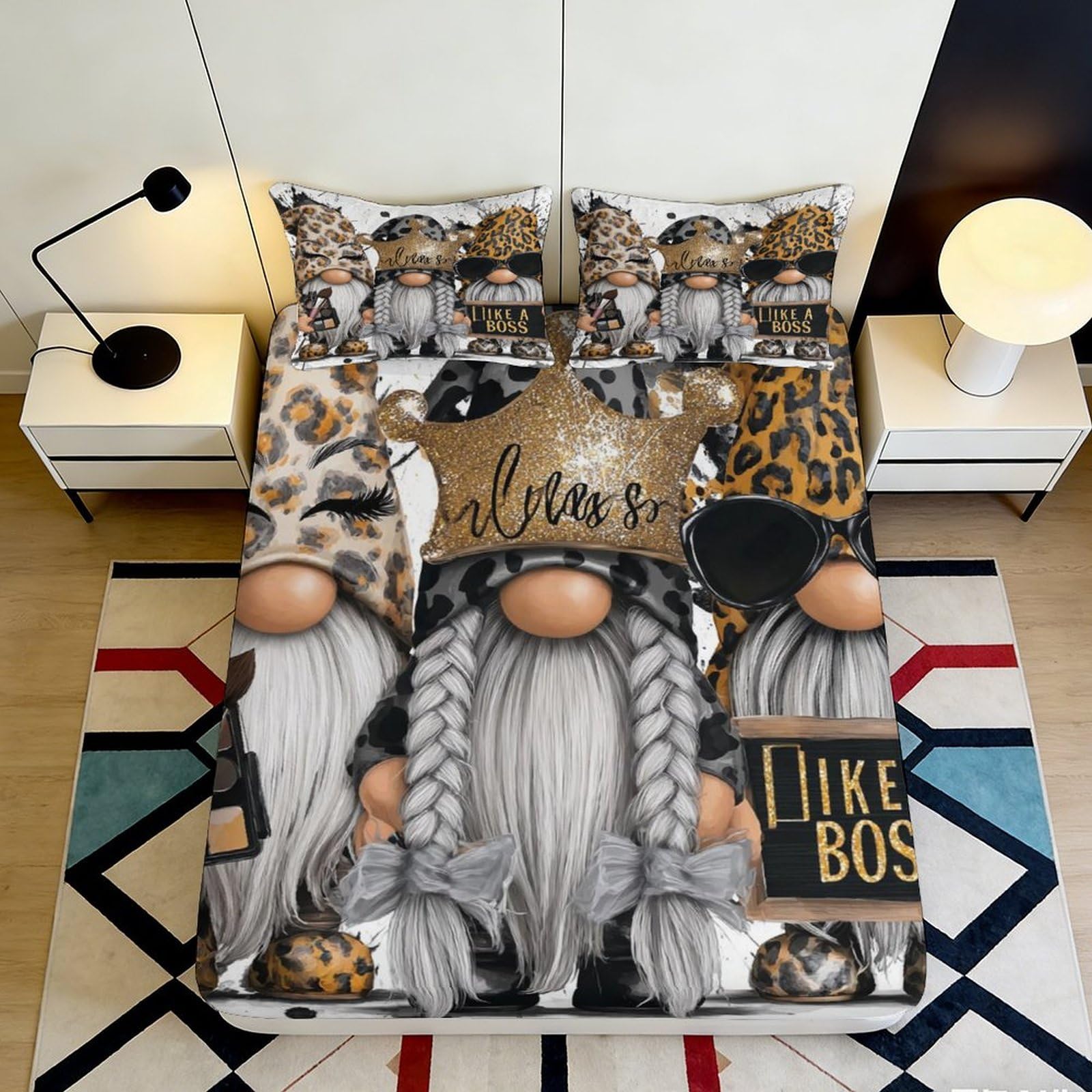 Pnayamiorkfel Style-4 3D Printed Leopard Gnome Fitted Sheet Microfiber Soft Black Gold Sunglasses Bed Cover For Bedroom Guest Room Decor 90X200x25cm