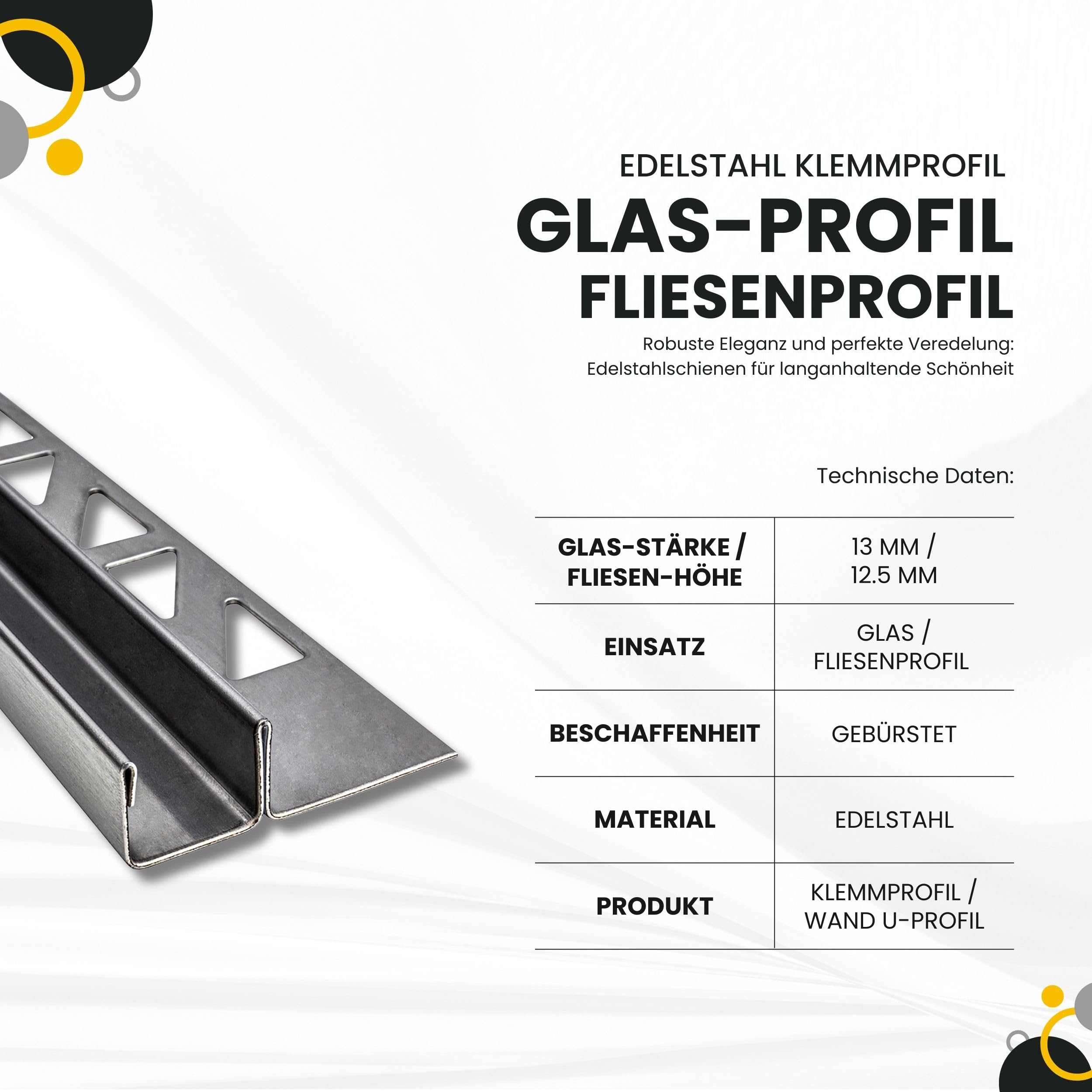 Glas-Fliesenprofil Edelstahl Klemmprofil Wandprofil V2A 2m 12.5mm 13mm