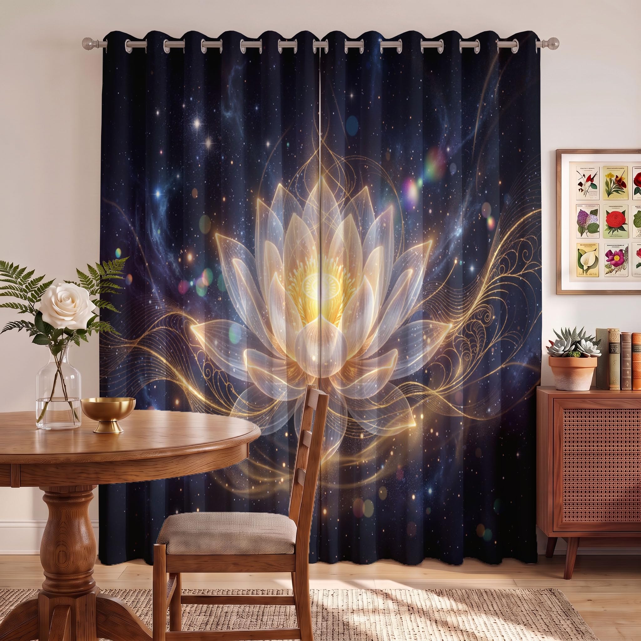 Tende per bambini ragazzi ragazze Fiori fantastici | Loto splendente sotto un cielo stellato occhielli oscuranti termicamente isolati tende per finestra per cameretta dei bambini140 X 260 cm