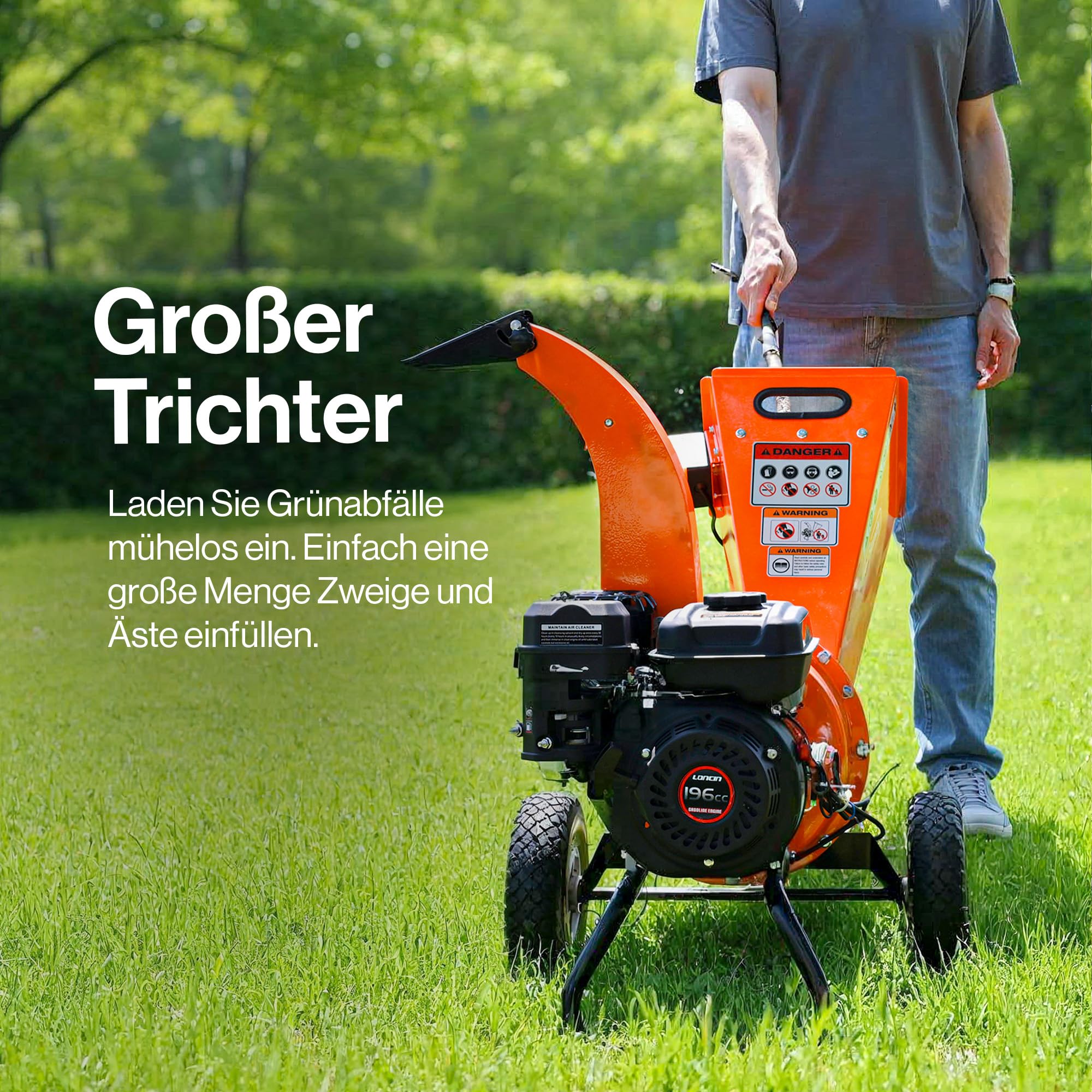 SuperHandy Mini-Holzhäcksler, 196 cm³, kompakt, Äste bis 50 mm | Robuste Stahlkonstruktion; hoher Auswurfschacht mit verstellbarer Führung für präzisen Materialauswur