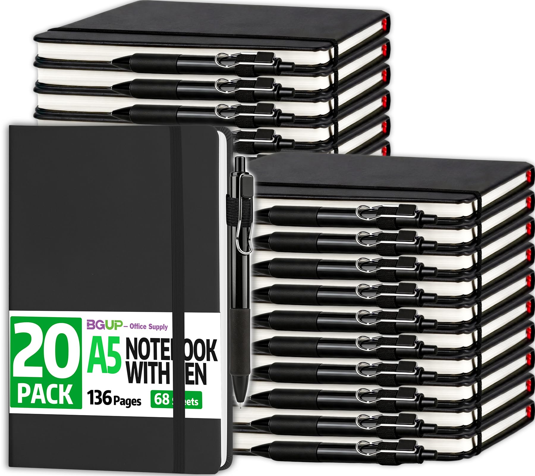 Confezione da 20 quaderni a righe con penna, formato A5, copertina rigida in pelle, 14 x 21,1 cm, nero, 136 pagine a righe e set di penne, per ufficio, scuola e lavoro