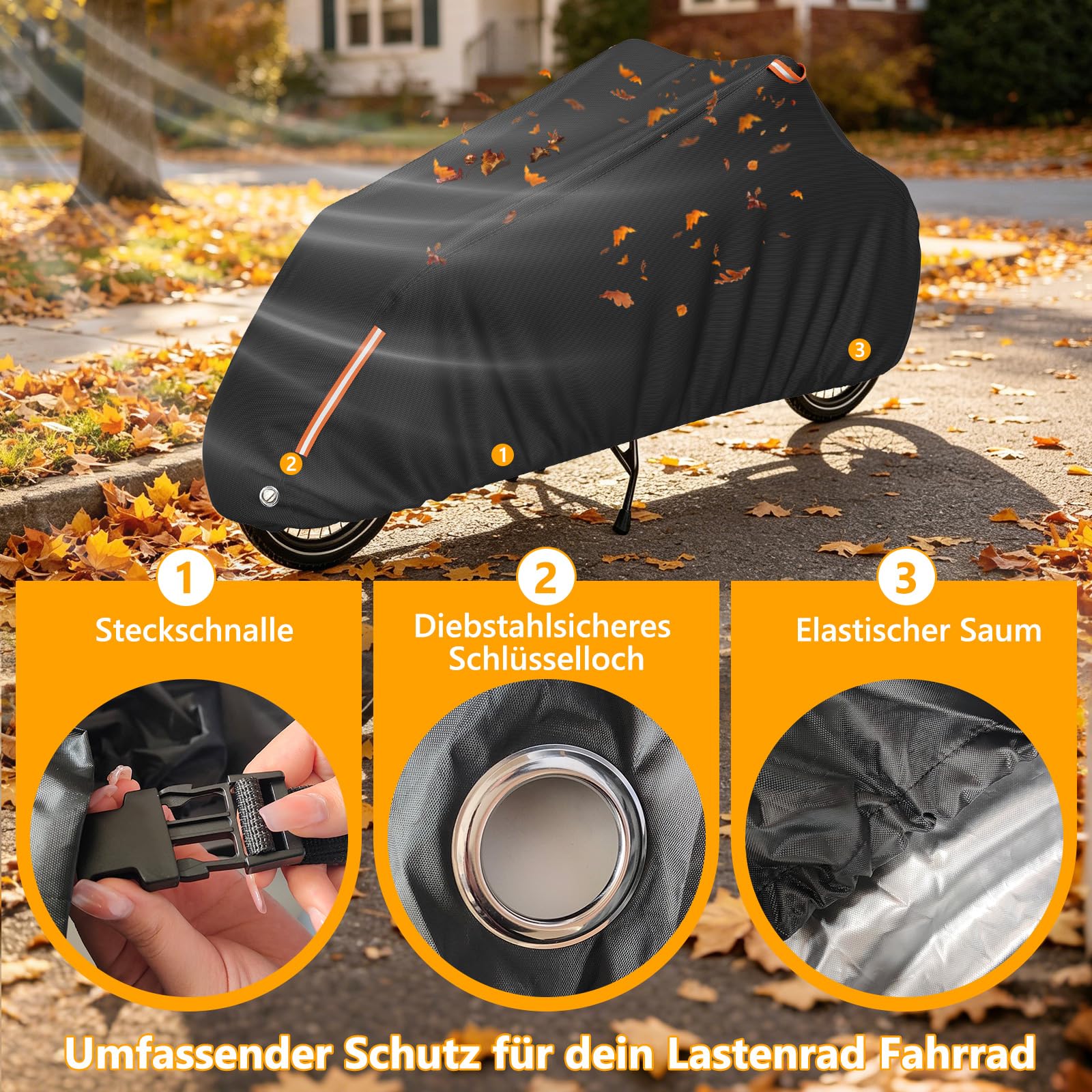 Lastenrad Abdeckung Fahrradabdeckung Wasserdicht, Lastenrad Fahrrad Abdeckplane mit Reflektorstreifen & Schlosslöcher UV-Schutz Reißfest Regenschutz für Lastenfahrräder-285x65x115cm