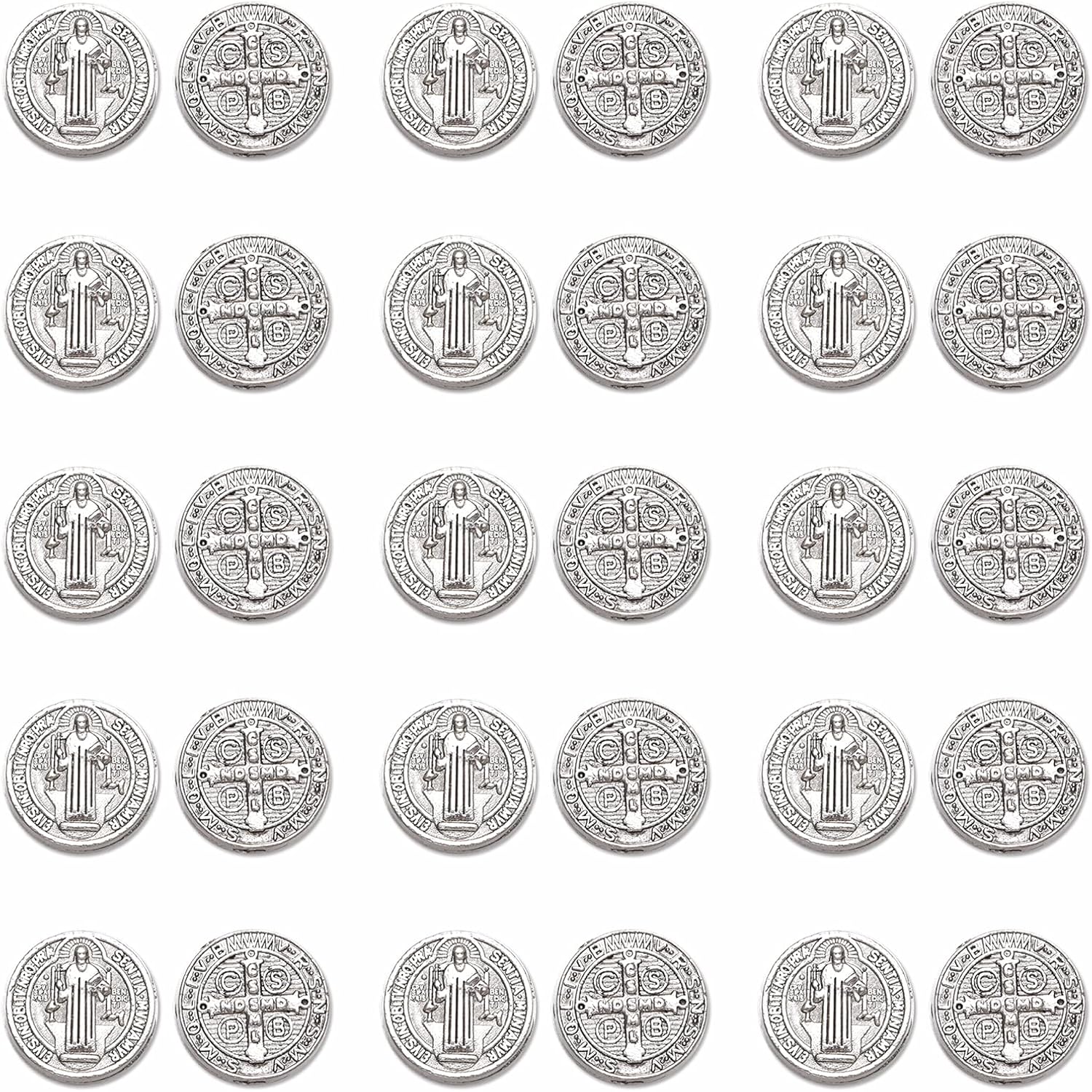 30pcs Round Religious Spacer Beads Antique Silver Alloy San Benito Loose Beads for DIY Rosary Necklace Bracelet Earring Jewelry Making Supplies