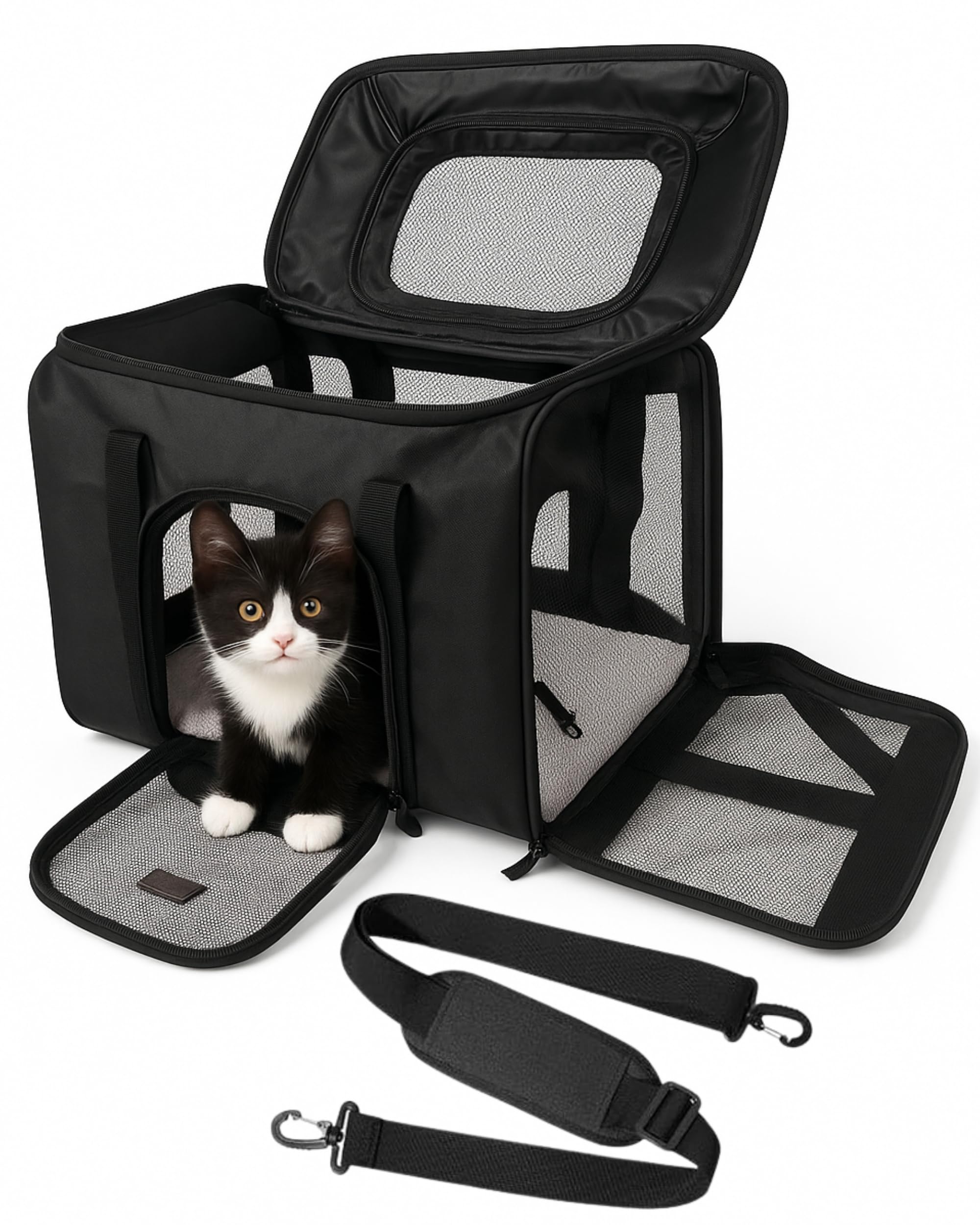MAYKUN Top Expandable Cat Carrier Bag – Airline Approved Small & Medium Pet Travel Bag with Soft Washable Bed - Mesh Sides, Top & Front Openings - Safety Lead & Lockable Zippers (Medium)