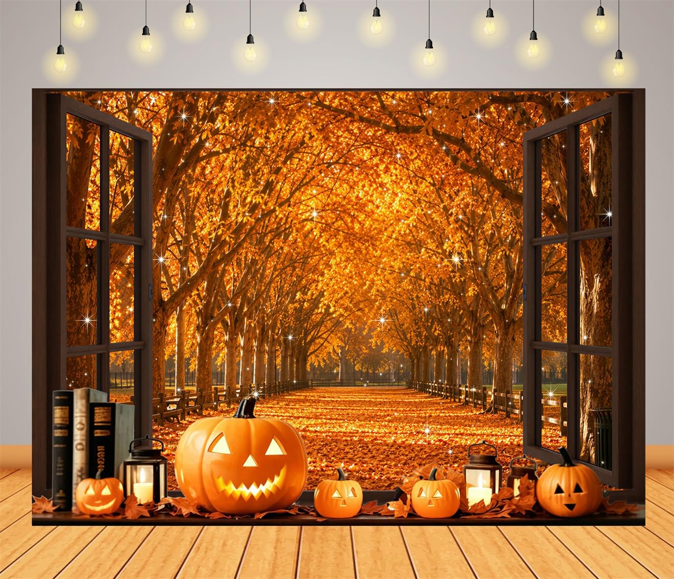 12x8FT (3.6x2.5m) Finestra Halloween Su Viale Autunnale Sfondo Fotografico | Vista Sul Bosco Illuminata Da Zucche Fondale In Tessuto,Cornici Scure Tunnel,Per Feste Halloween E Foto,Photo Booth